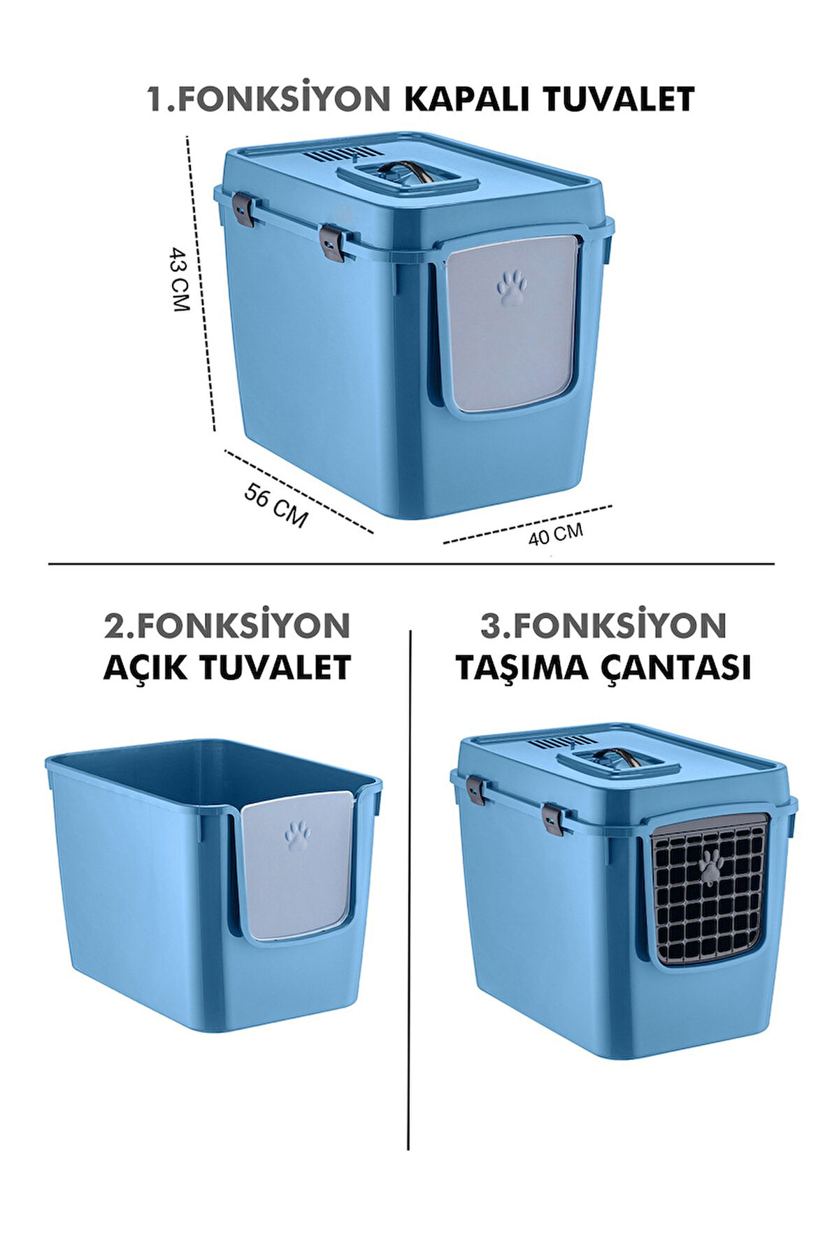 Pribor HZ-500 Xxl 3 Fonksiyonlu Açık / Kapalı Kedi Tuvaleti ve Taşıma Çantası Mavi 56 x 40 x 43 Cm