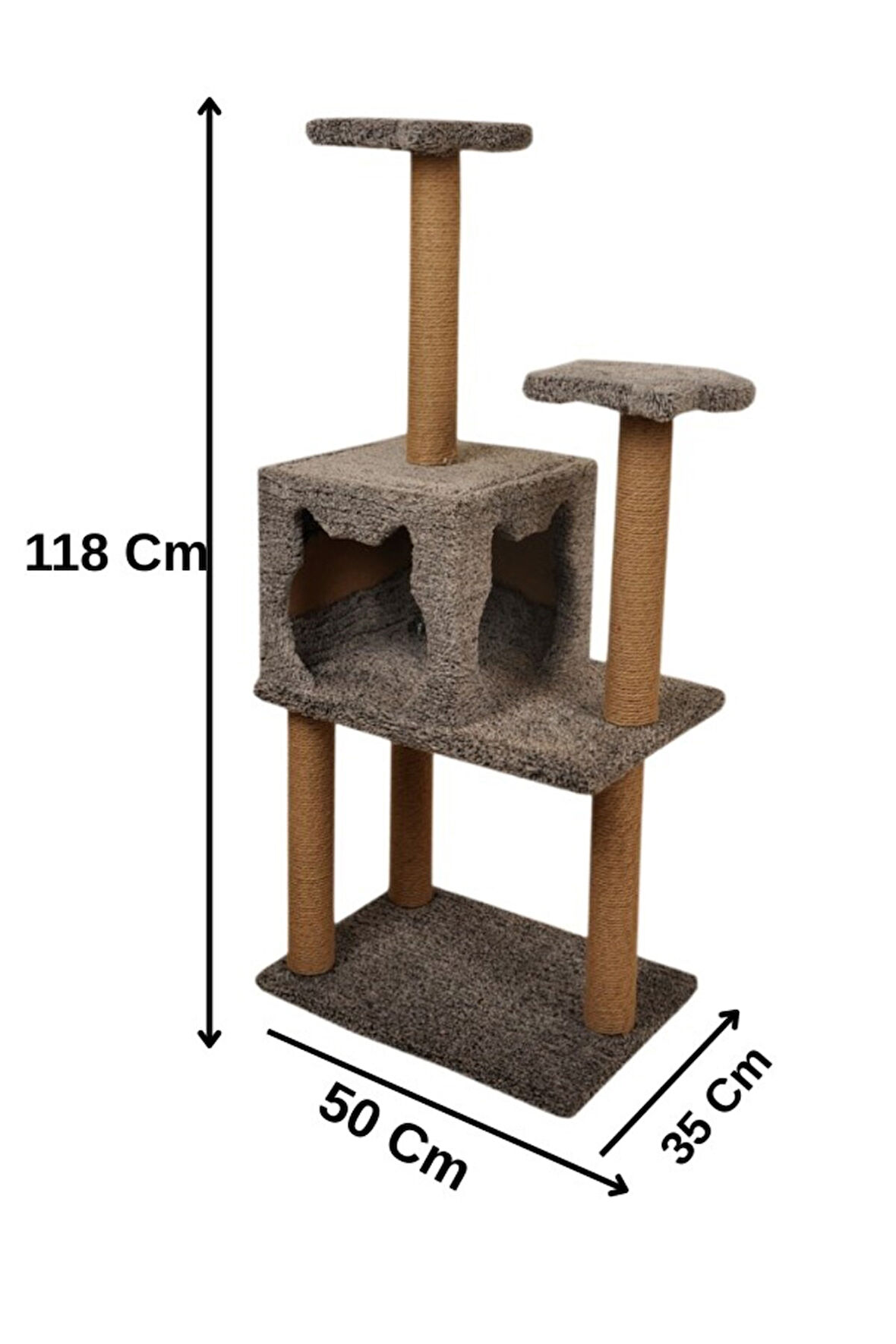 Pribor Üç Katlı Yuvalı Lüx Kedi Tırmalama Platformu ve Kedi Oyun Evi Gri 118 cm