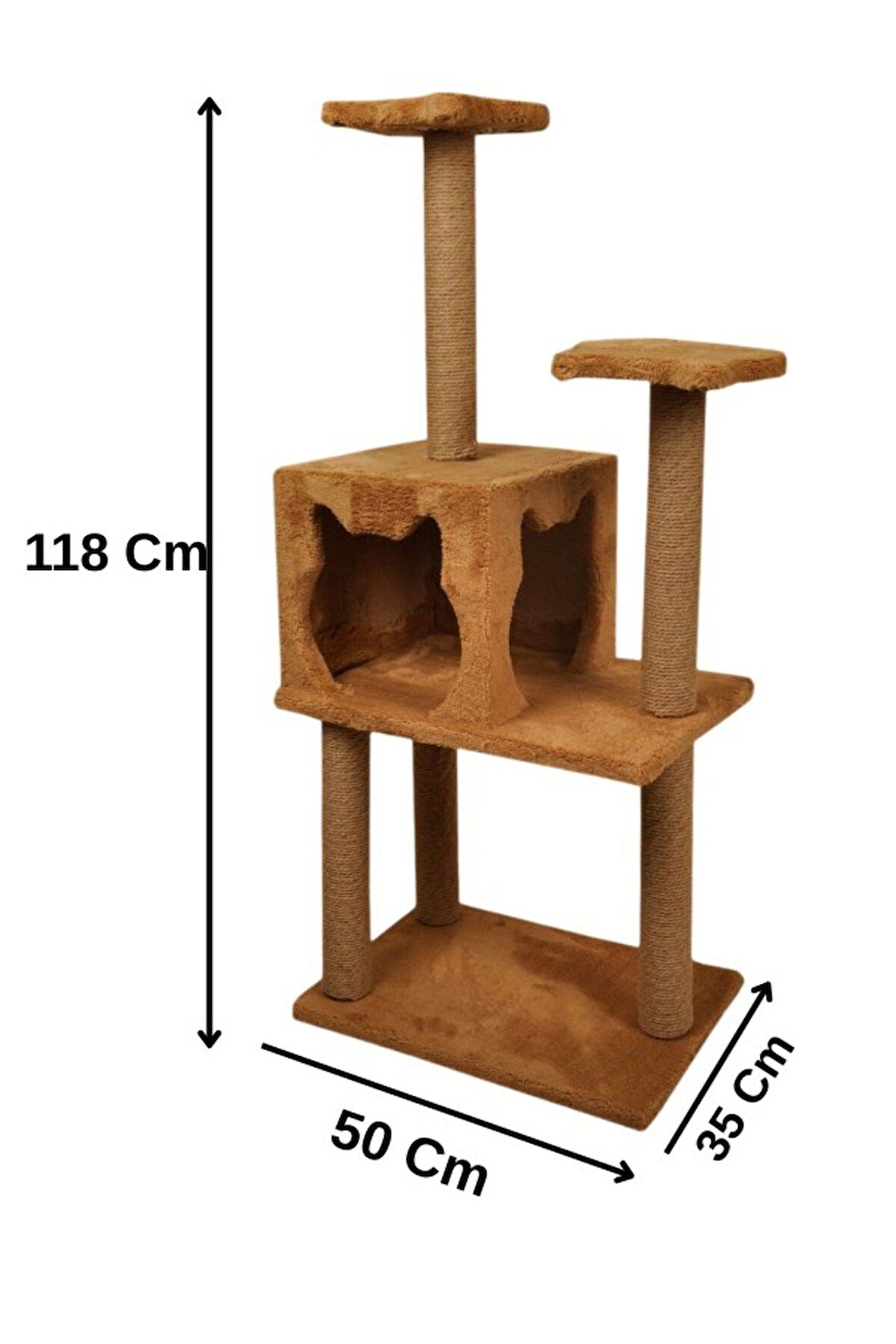 Pribor Üç Katlı Yuvalı Lüx Kedi Tırmalama Platformu ve Kedi Oyun Evi Kahverengi 118 cm