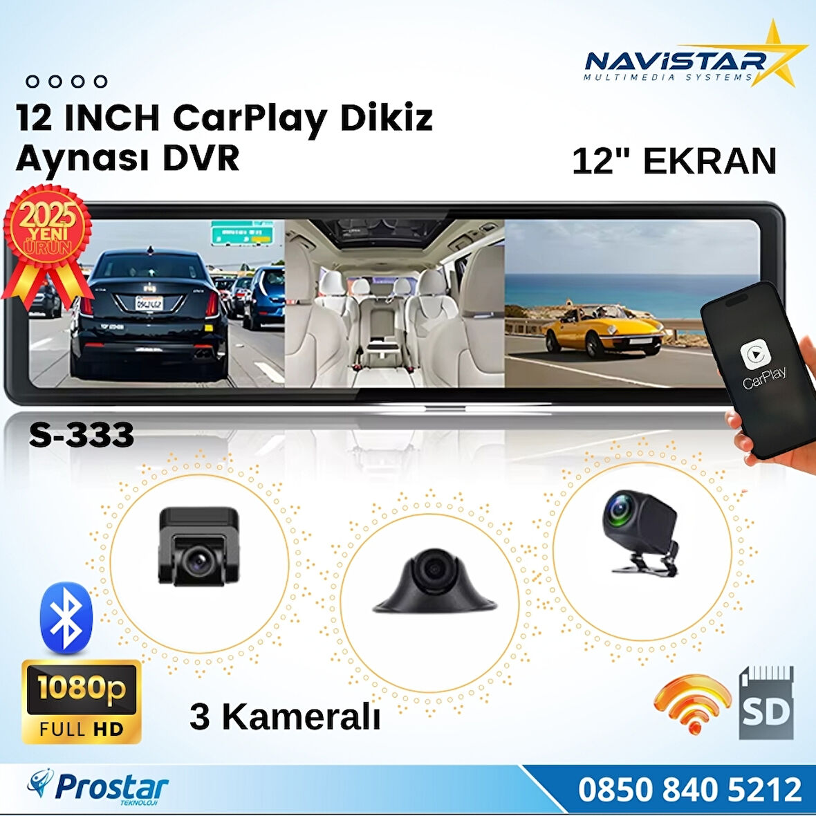12 inç Kablosuz Carplay 3 Kameralı Dikiz Ayna Wifi, Bluetooth, Fm Transmitter, Sd, Park Modu 1080P