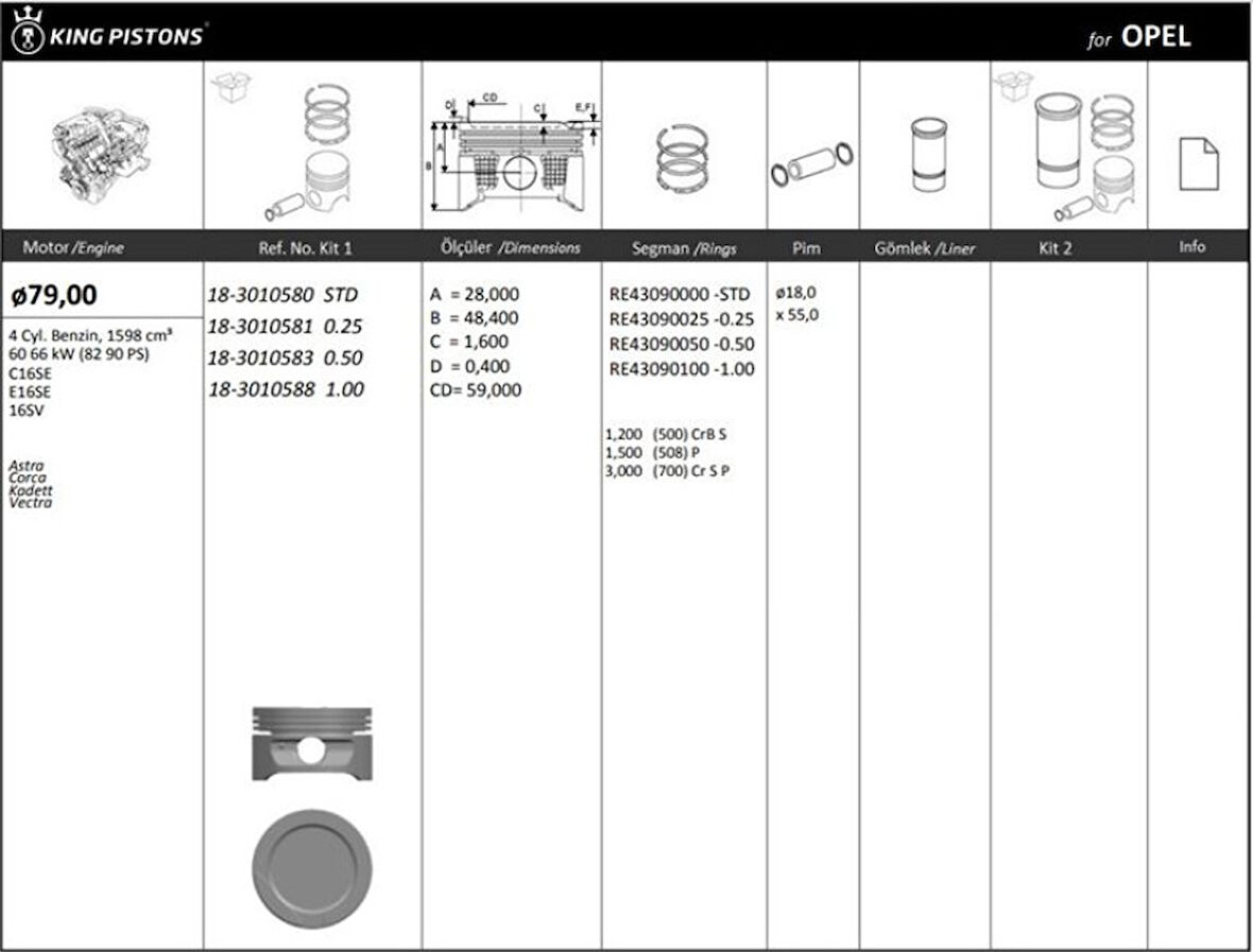 Opel Motor Piston+segmanı ( Riken )  79,00+stdmm Cap Astra Corca Kadett Vectra C16se-E16se-16sv R 4 Benzi - Kingpiston 18-3010580