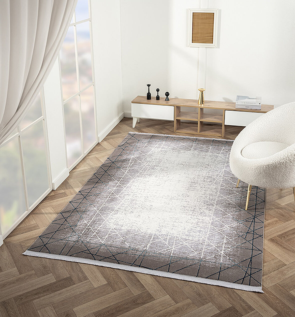 Feel Koleksiyonu Triko Akrilik Pamuk Atkı Tabanlı Dokuma Halı FL002M Gri-Mavi