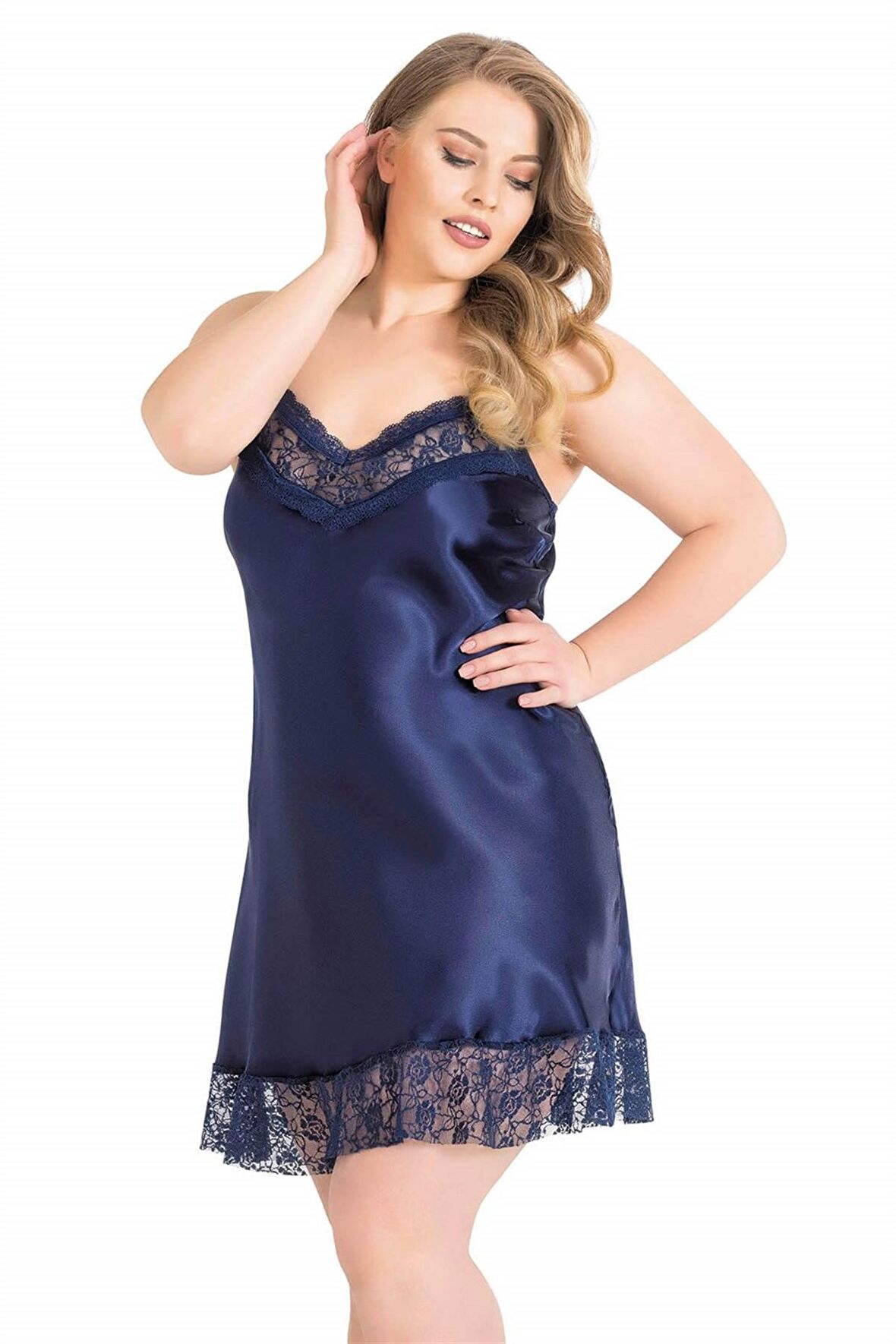 Aria's Closet Büyük Beden Lacivert Kısa Saten Gecelik