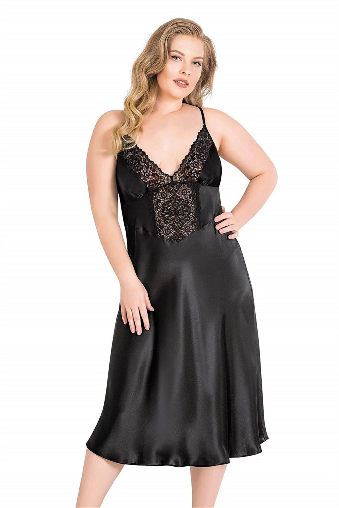 Aria's Closet Büyük Beden Siyah Uzun Saten Gecelik