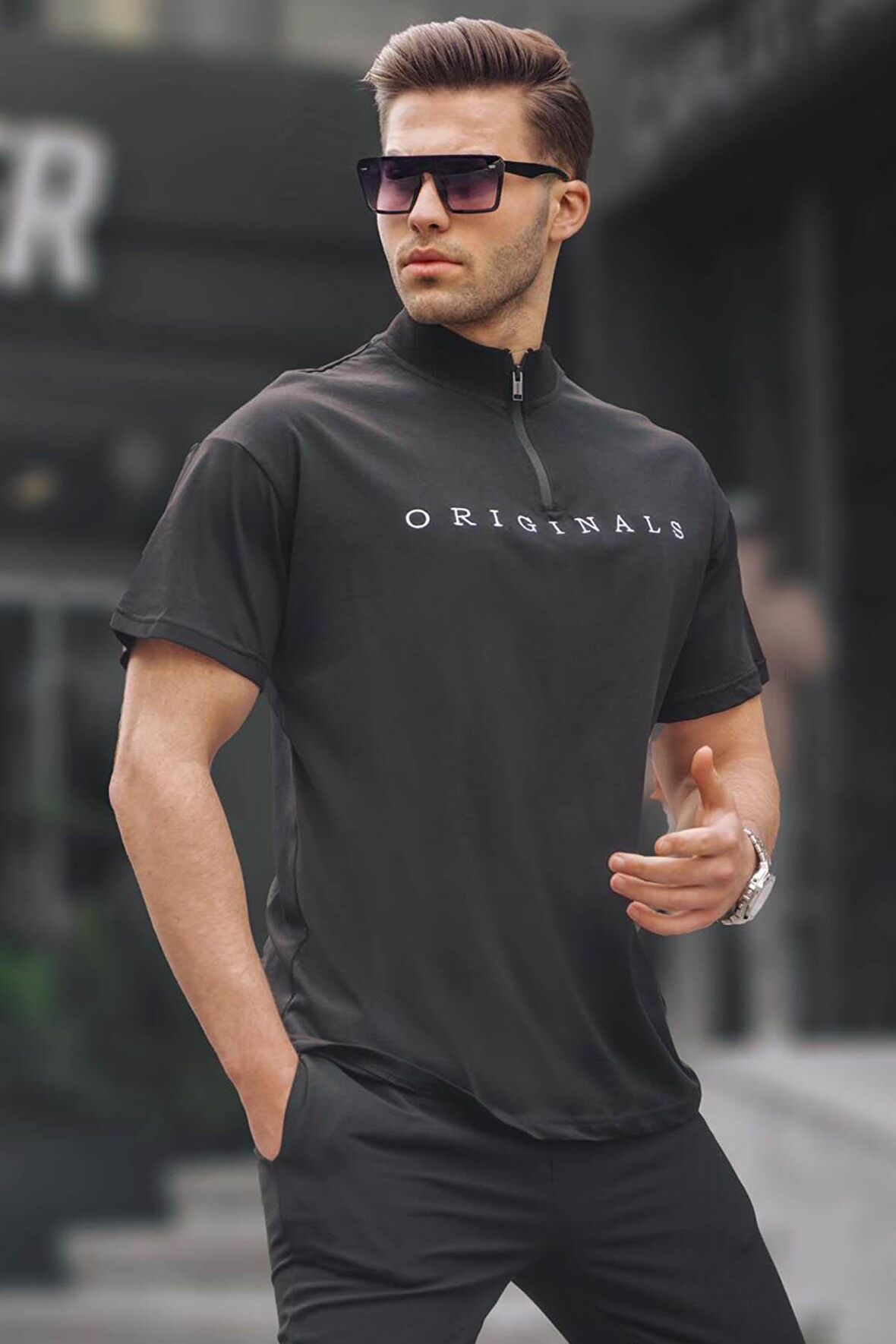 Erkek Fermuar Yaka Pamuklu T-Shirt 5858 Siyah