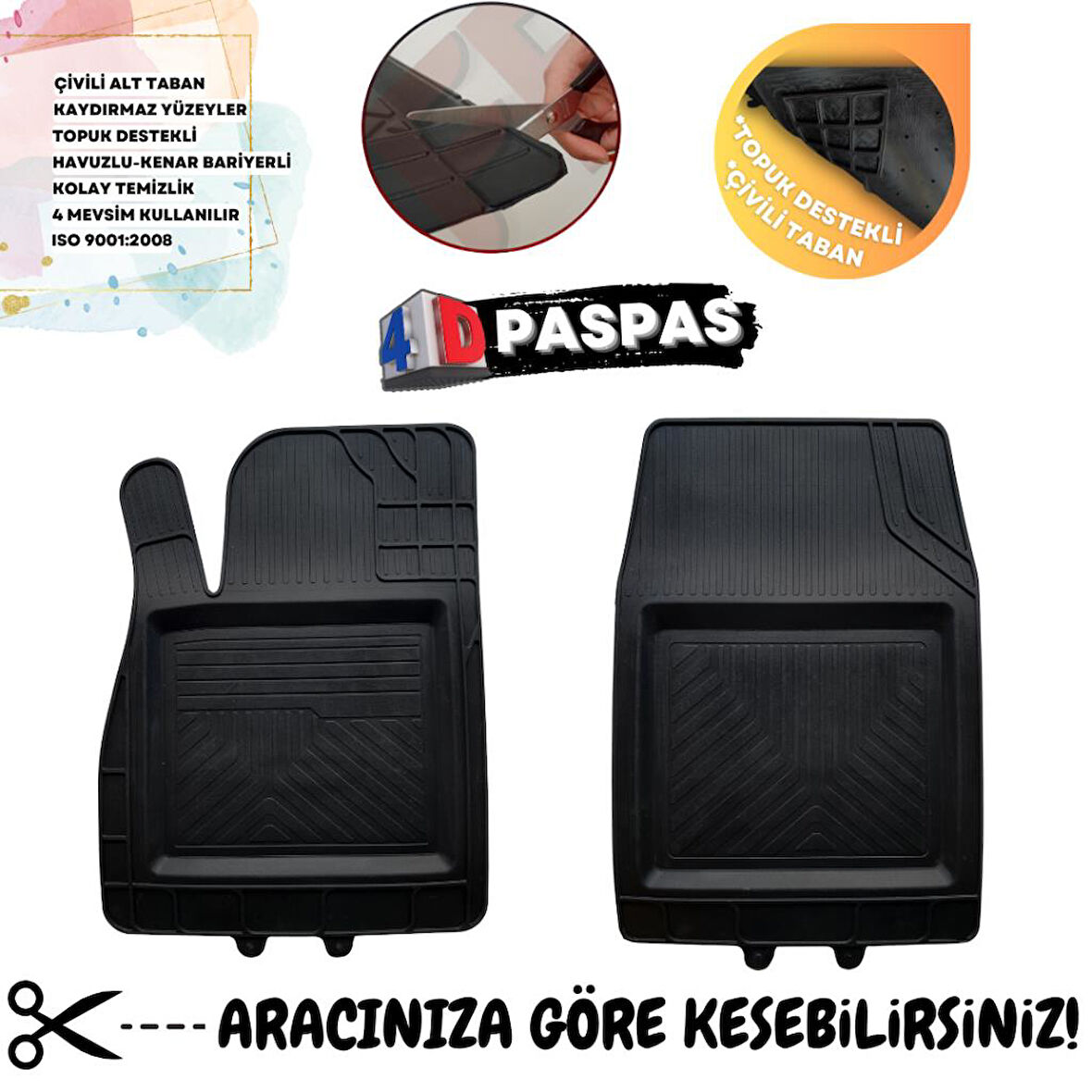 Ferrous 4D Havuzlu Kauçuk Üniversal Paspas Ön 2 Parça - Her Araca Uyumlu