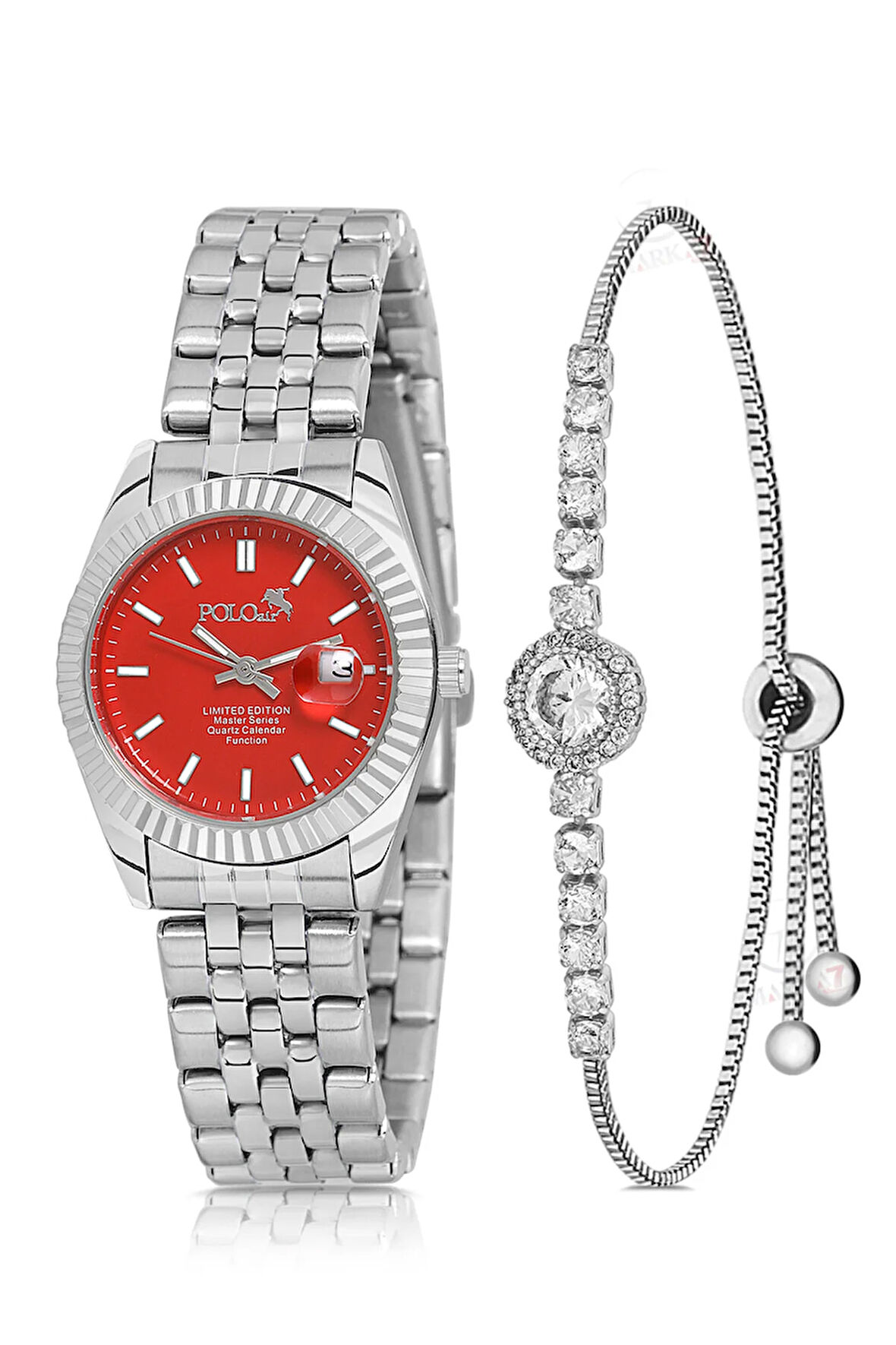 Mercan Takvimli Kadın Kol Saati Zirkon Taşlı Yuvarlak Bileklik Kombin Gümüş Kırmızı Renk PL-1519B6