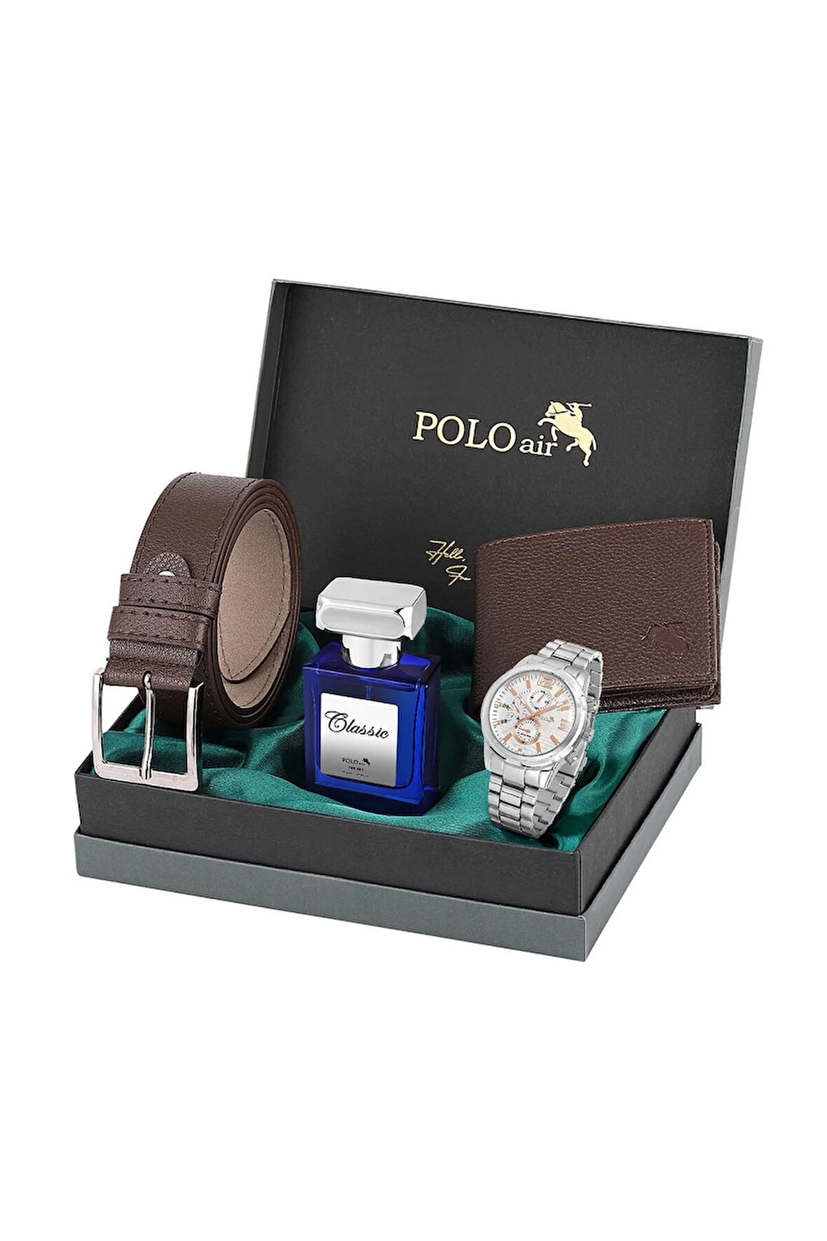 Metal Kordon Erkek Kol Saati Cüzdan Kemer Parfüm Kombin Gümüş Renk PL-0921E4