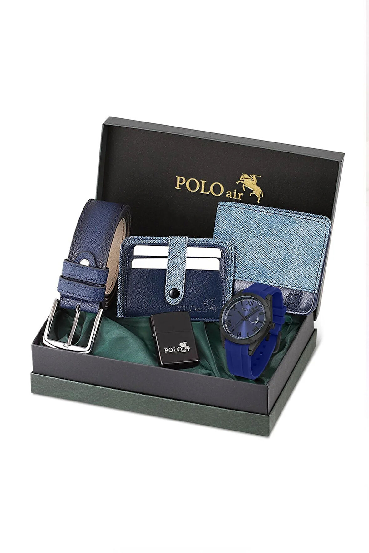 Mercan Takvimli Erkek Kol Saati Cüzdan Kemer Kartlık Çakmak Kombin Lacivert Siyah Set PL-0944E2
