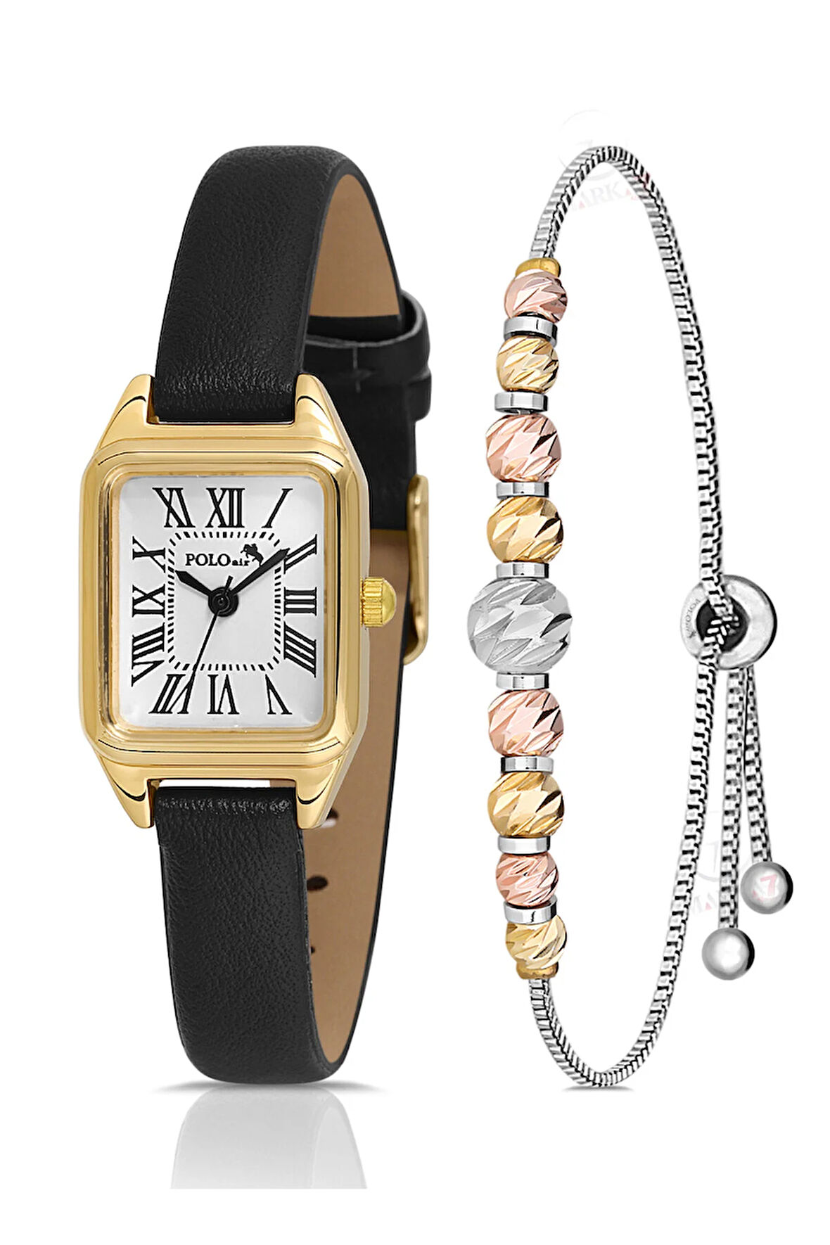 Romen Rakamlı Deri Kordon Kadın Kol Saati Dorika Bileklik Kombin Siyah Gold Renk Pl-1517B1