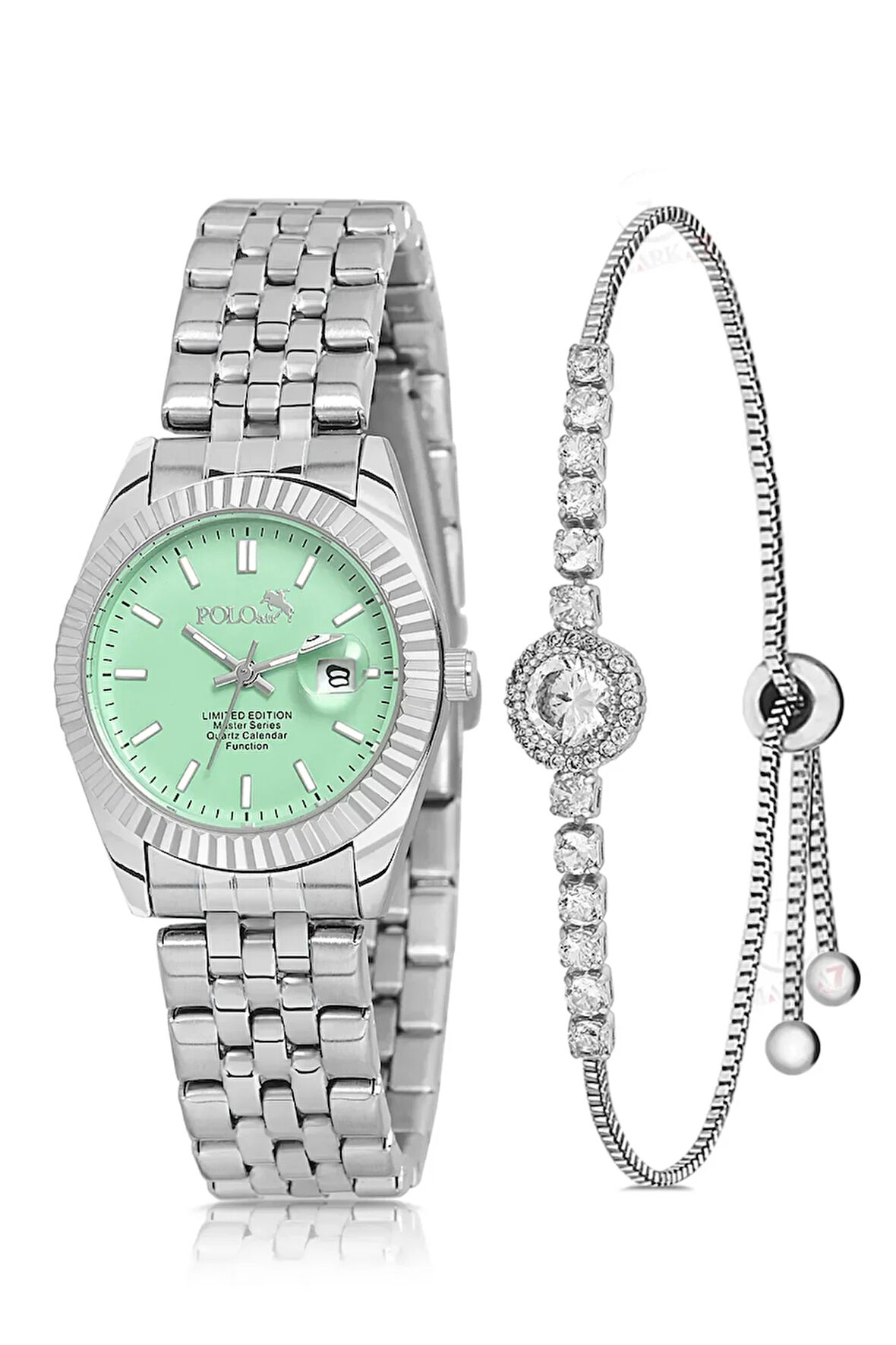 Mercan Takvimli Kadın Kol Saati Zirkon Taşlı Yuvarlak Bileklik Kombin Gümüş Yeşil Renk PL-1519B4