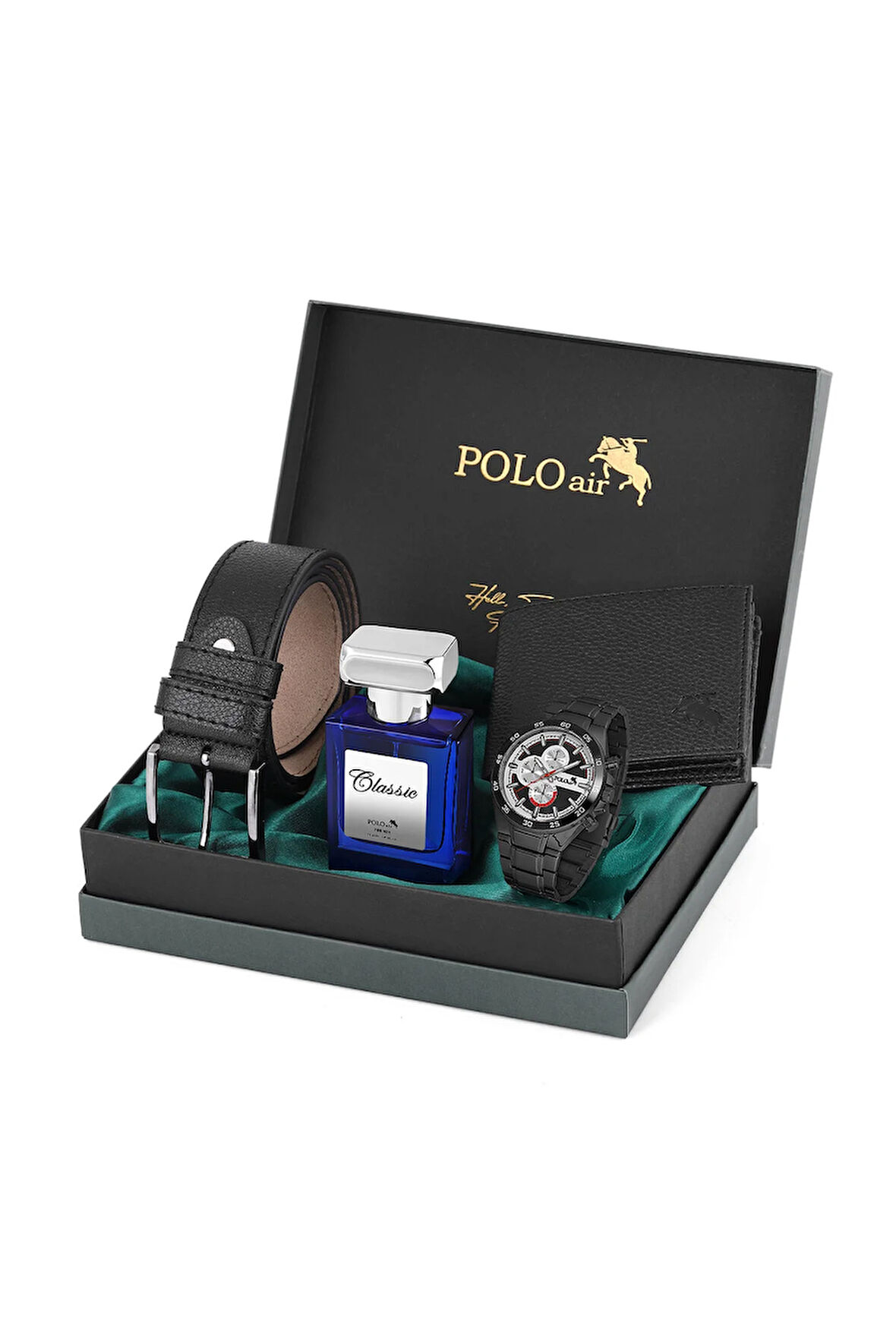 Logolu Klasik Erkek Cüzdan Kemer Kol Saati Parfüm Seti Siyah Kombin PL-0879E1