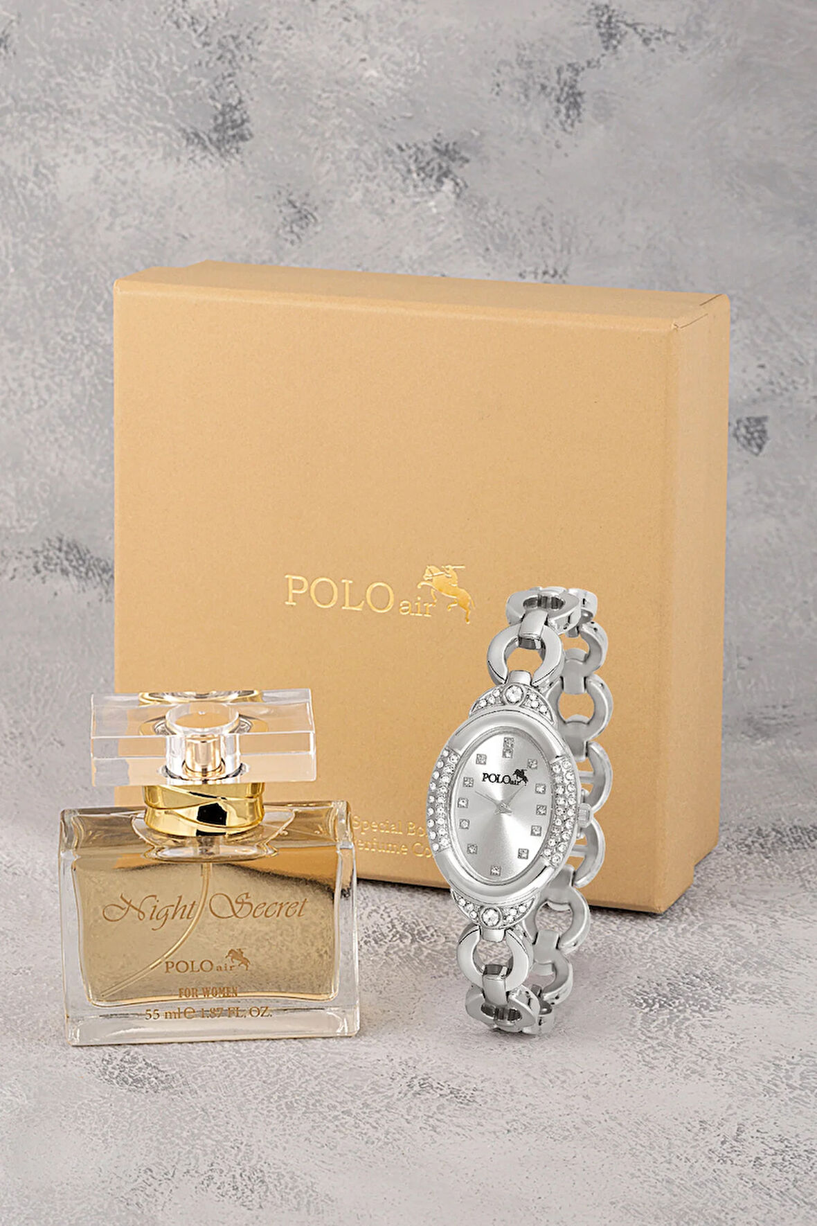 Zincir Kordon Kadın Kol Saati Ve Parfüm Seti Hediyelik Kutsunda Kombin Gümüş Renk ST-2123S2