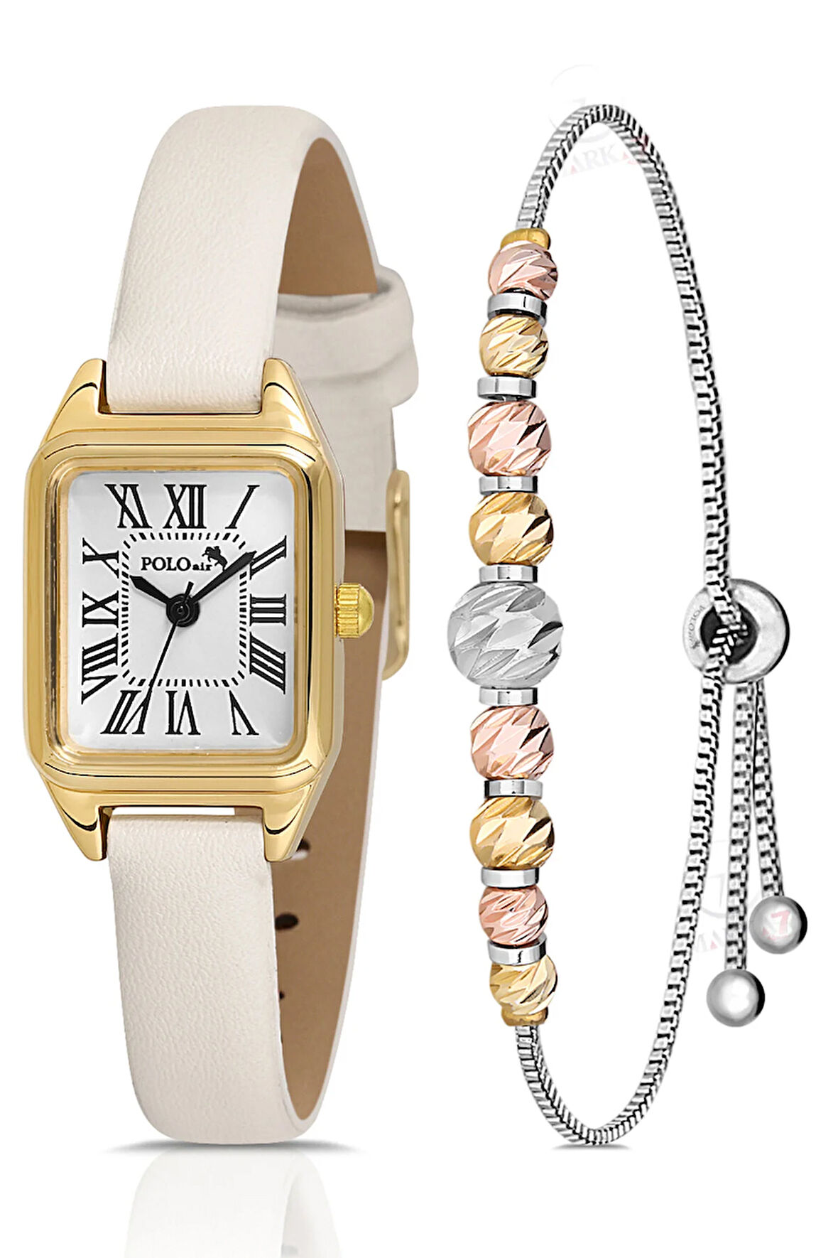 Romen Rakamlı Deri Kordon Kadın Kol Saati Dorika Bileklik Kombin Beyaz Gold Renk Pl-1517B2