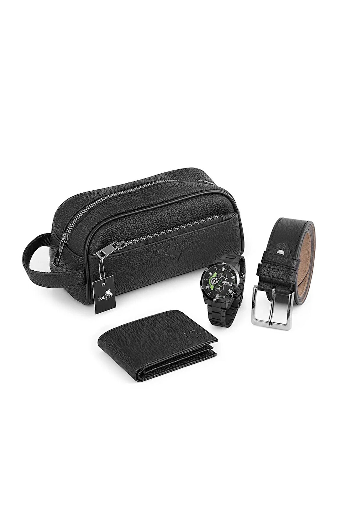 Erkek Kol Saati El Çantası Cüzdan Kemer Kombin Siyah Set-Siyah-Yeşil  PL-0895E2