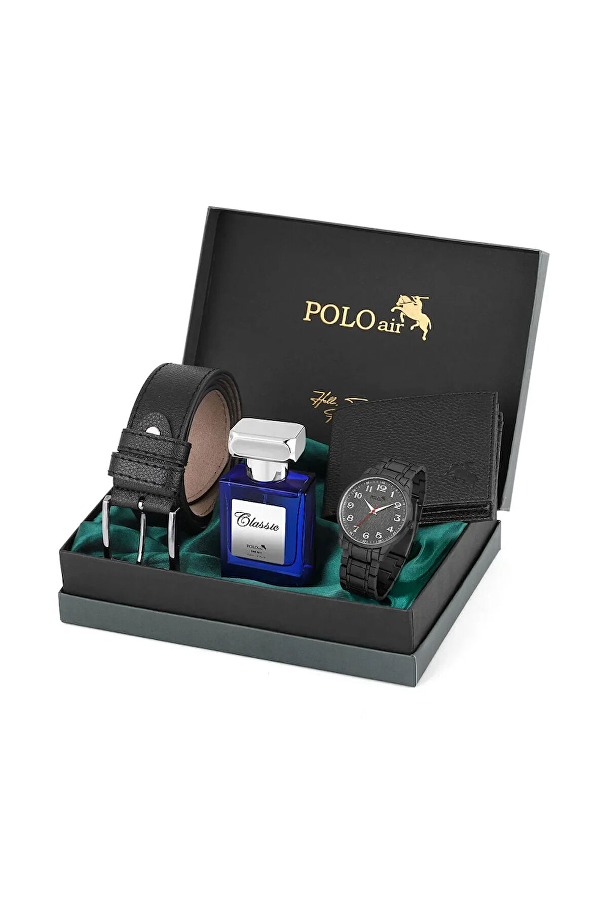 Klasik Metal Kordon Erkek Kol Saati Cüzdan Kemer Parfüm Kombin Siyah Set PL-0939E1