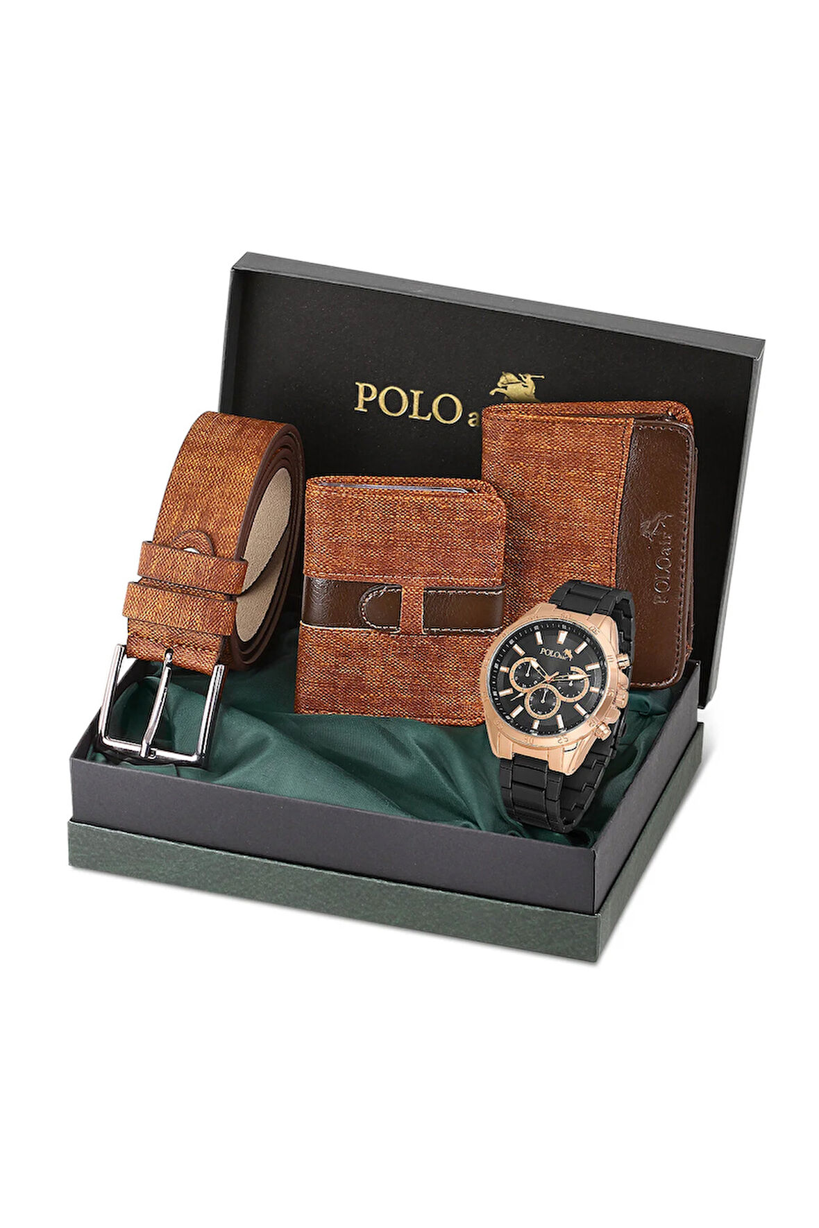 Erkek Kol Saati Cüzdan Kemer Kartlık Kombin PL-0840E3 Taba Set