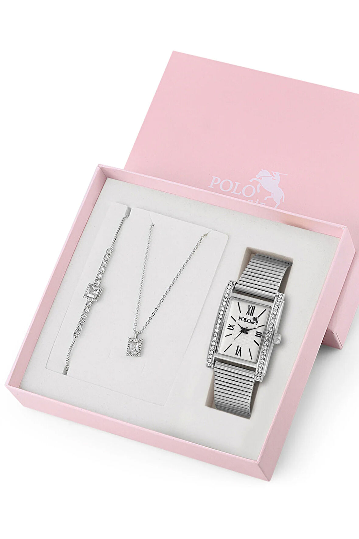 Lüx Taşlı Kadın Kol Saati Zirkon Taşlı Kolye Bileklik Özel Kombin Set Gümüş Renk ST-2153S2