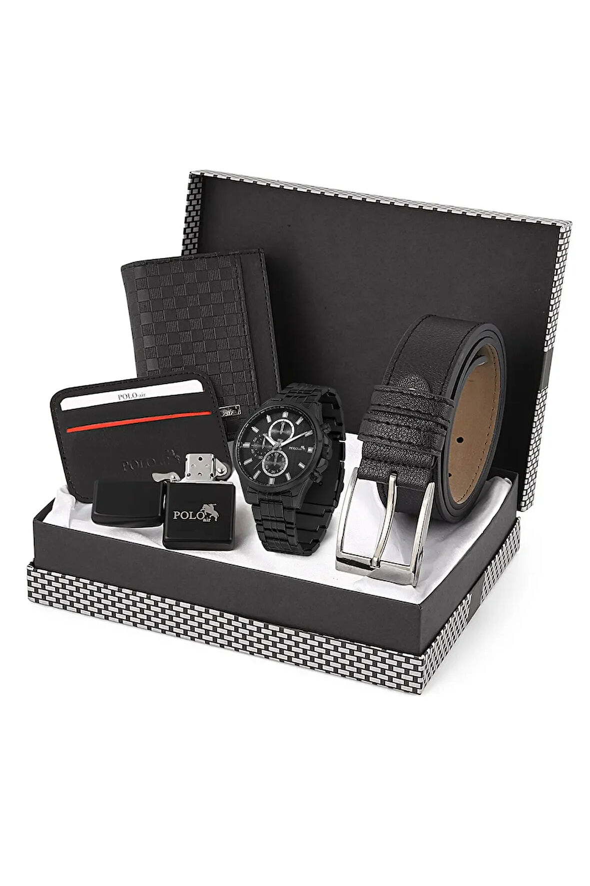 Erkek Kol Saati Kemer Cüzdan Kartlık Çakmak Hediyelik Kutusunda Siyah Set