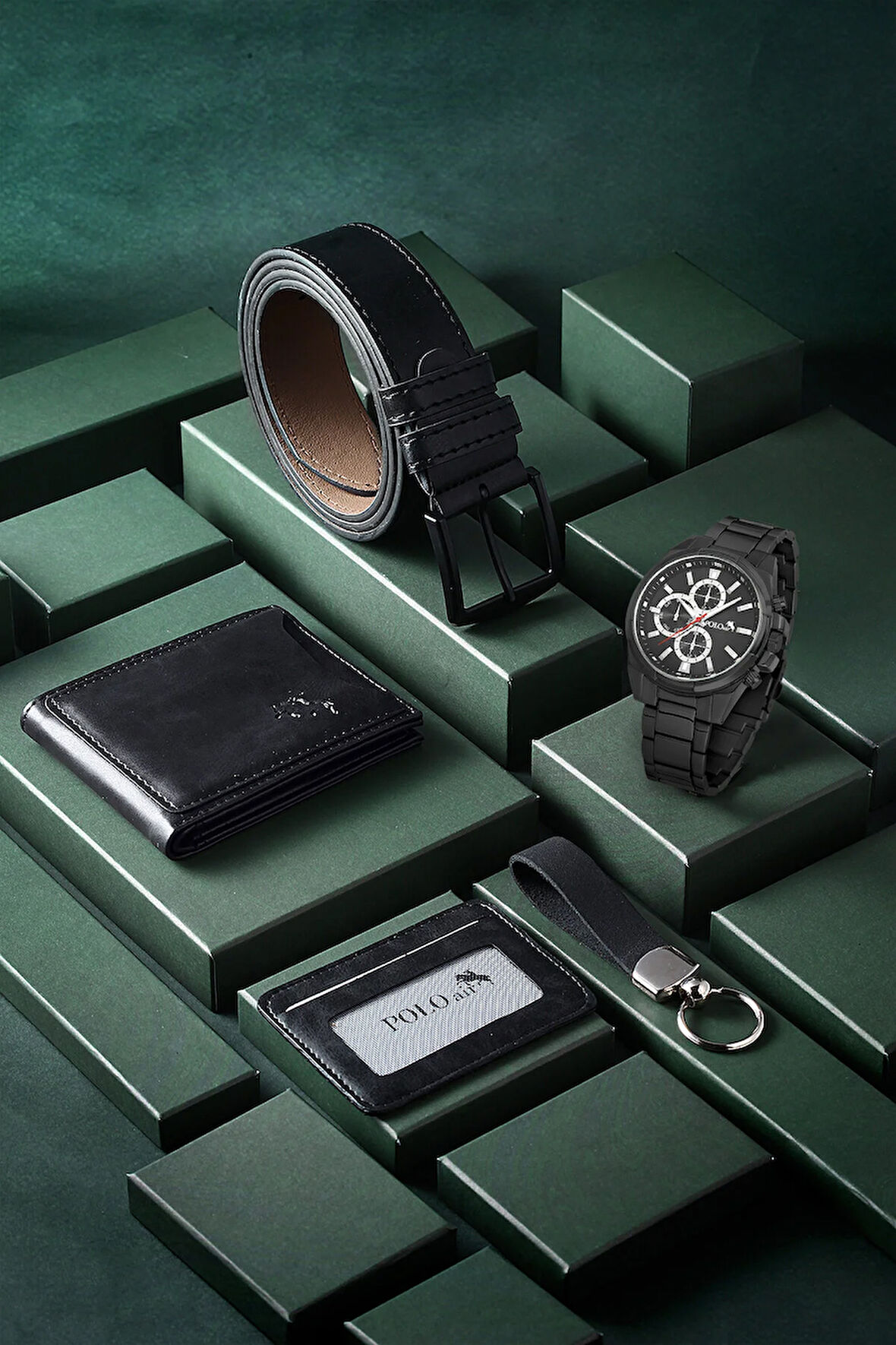 Cüzdan Kartlık Kemer Saat Anahtarlık Set Siyah Renk