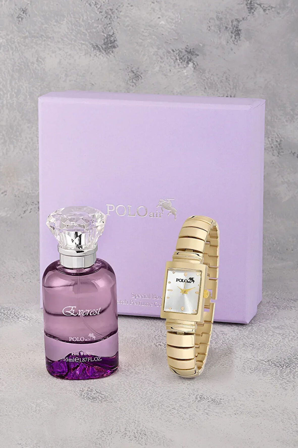 Kadın Kol Saati Ve 55 ml Parfüm Seti Mor Hediyelik Kutsunda Kombin Gold Renk ST-2132S1