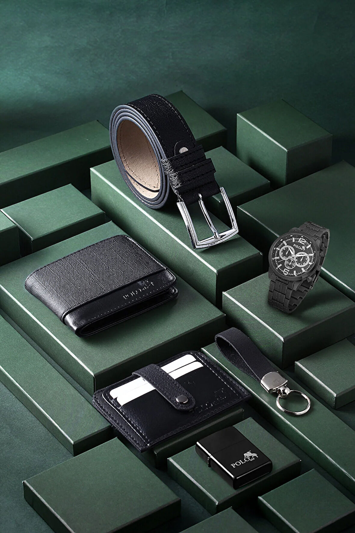 Erkek Kol Saati Cüzdan Kemer Kartlık Çakmak Anahtarlık Kombin Siyah Set PL-0850E1