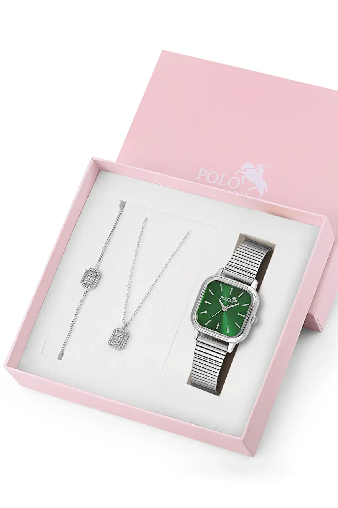 Kare Kasa Kadın Kol Saati Zirkon Taşlı Kolye Bileklik Özel Kombin Set Gümüş Yeşil Renk ST-2148S6