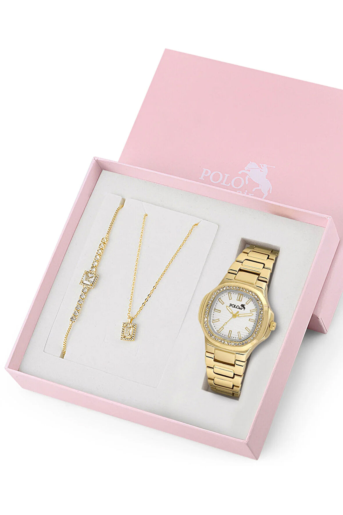 Lüx Taşlı Kadın Kol Saati Zirkon Taşlı Kolye Bileklik Özel Kombin Set Gold Renk ST-2159S1