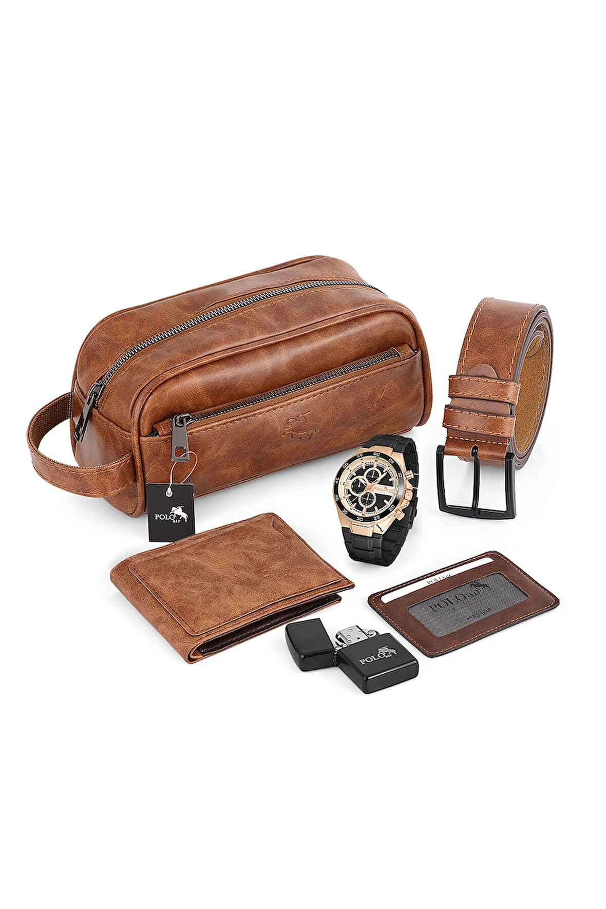 Erkek Kol Saati El Çantası Çakmak Cüzdan Kemer Kartlık Set Taba PL-0877E4