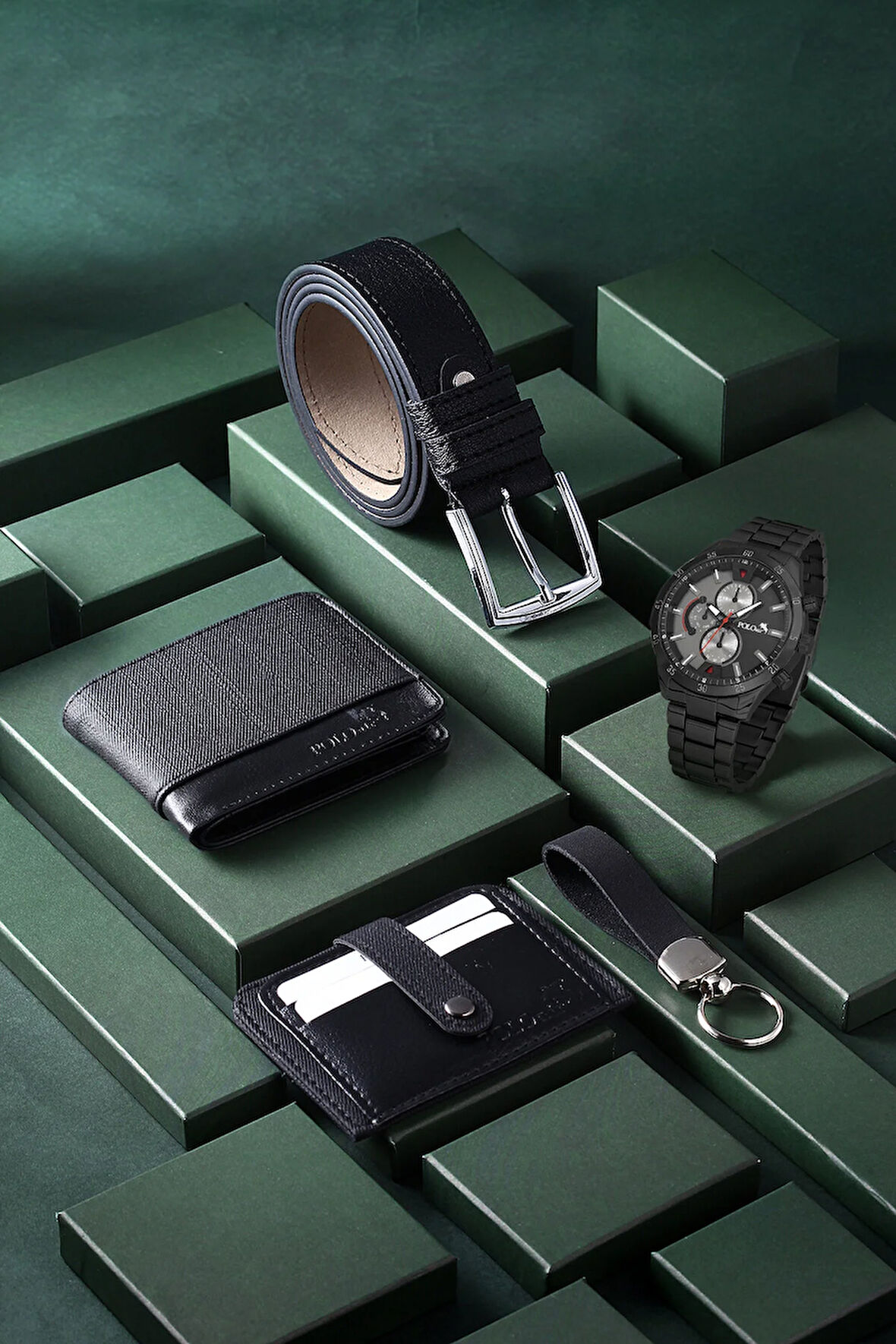 Erkek Kol Saati Kemer Cüzdan Kartlık Anahtarlık Kombin Set Siyah Renk PL-0789E1