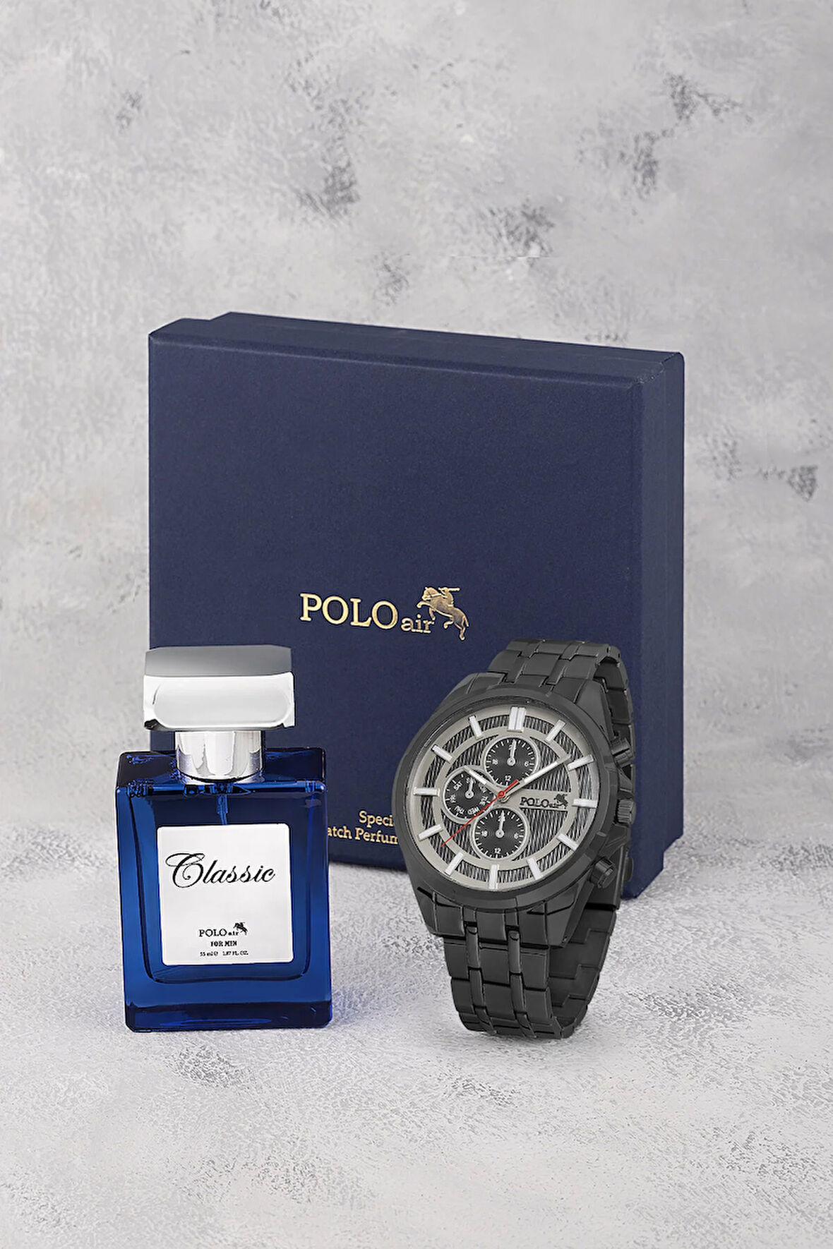 Erkek Kol Saati Ve Parfüm Seti Şık Hediyelik Kutusunda Kombin Siyah Renk PL-0955E1
