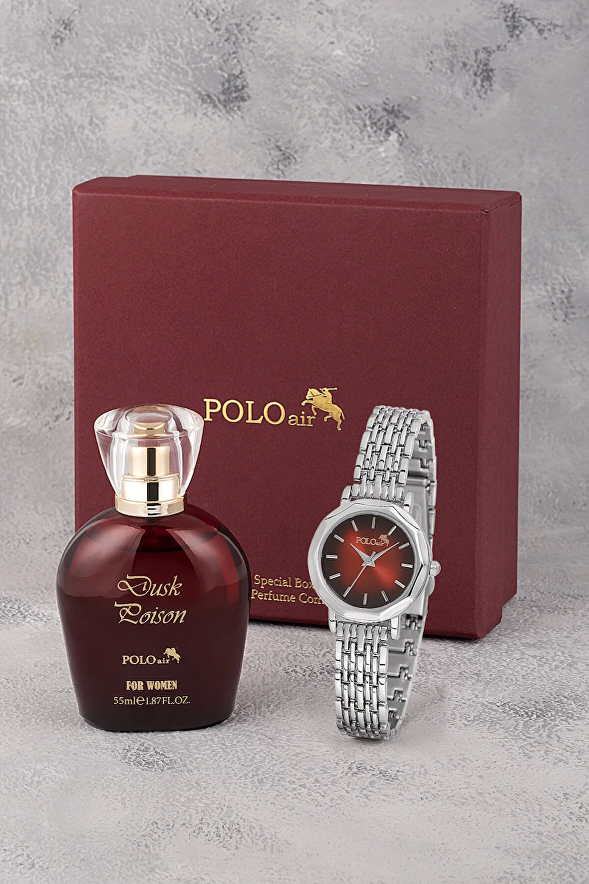 Kadın Kol Saati Ve Parfüm Seti Hediyelik Kutsunda Kombin Gümüş Kırmızı Renk ST-2128S5