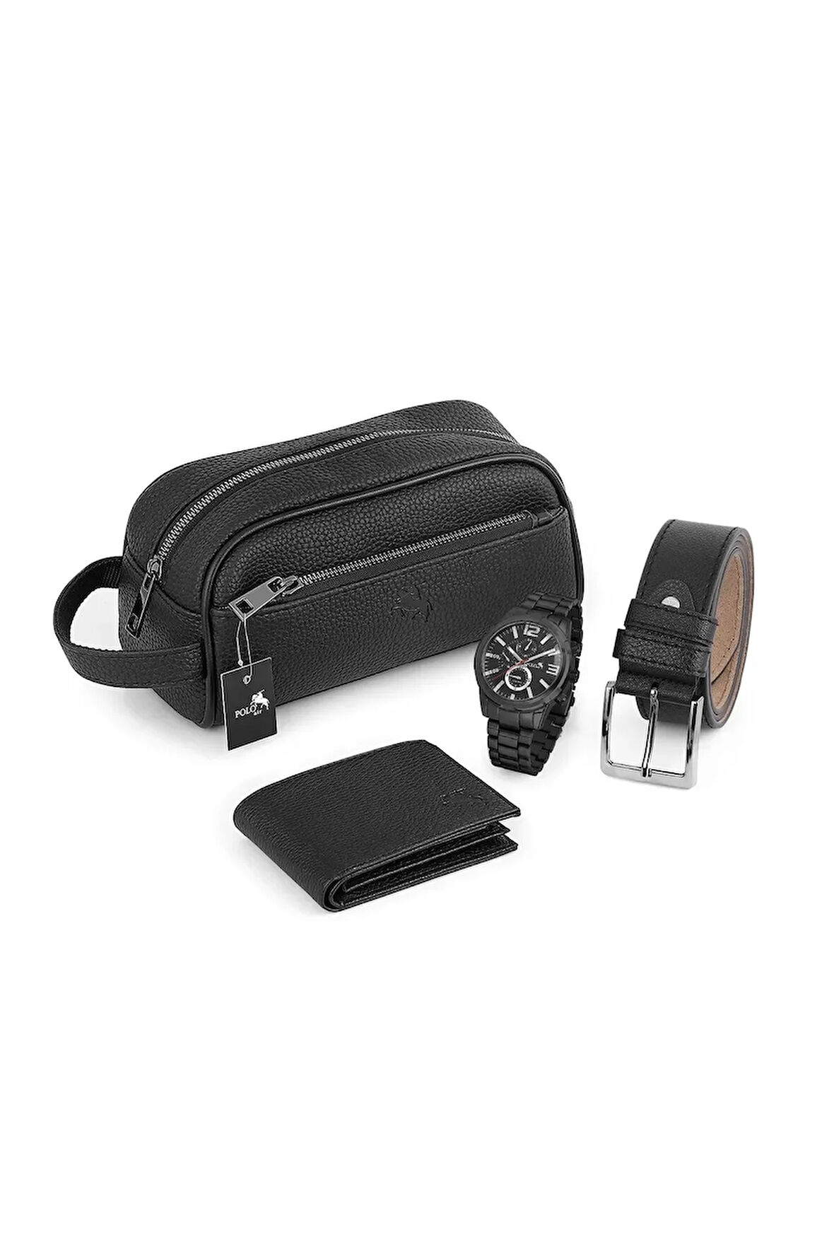 Erkek Kol Saati Cüzdan Kemer El Çanta Kombin Set Siyah Renk PL-0922E1