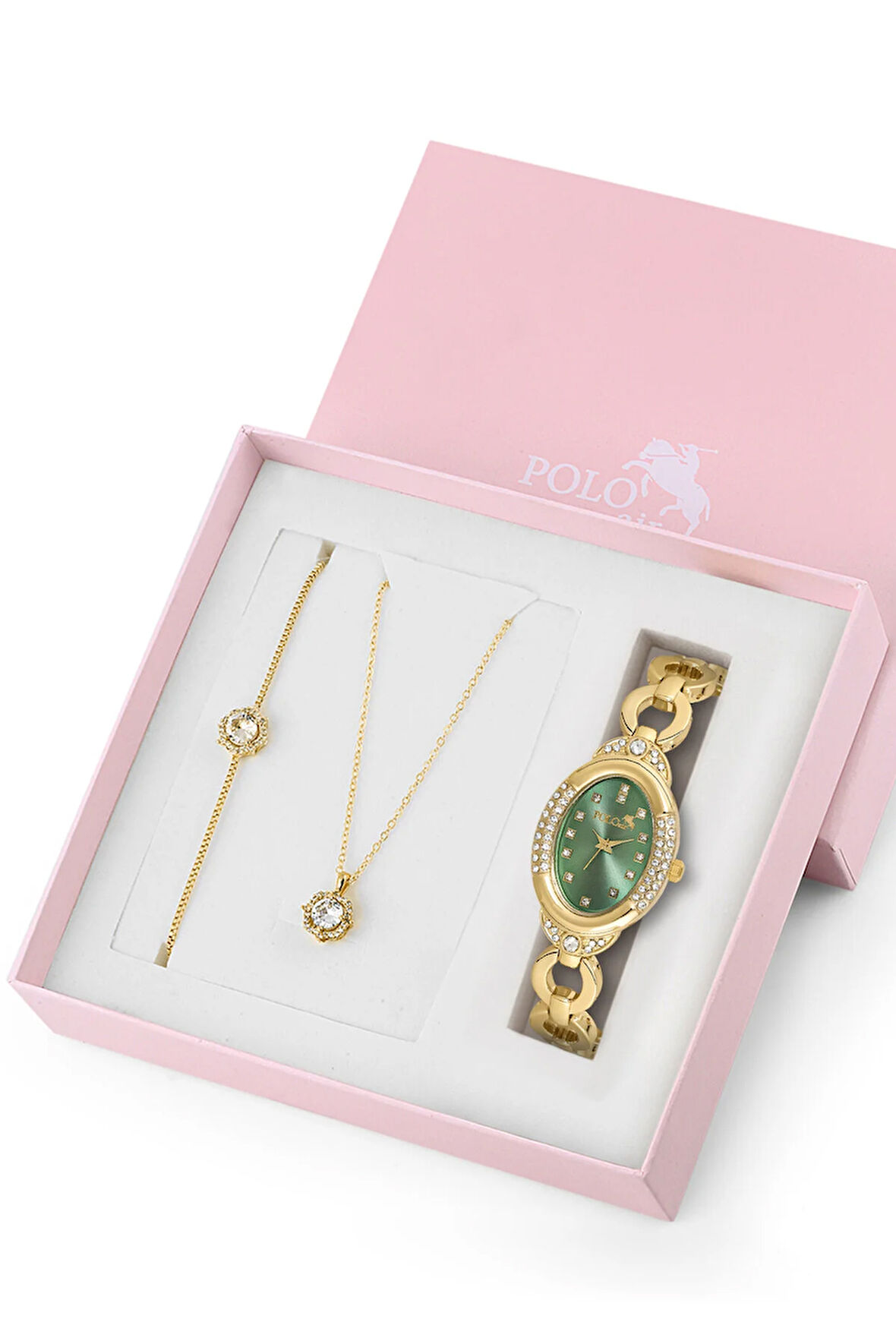Zincir Kordon Kadın Kol Saati Zirkon Taşlı Kolye Bileklik Özel Kombin Set Gold Yeşil Renk ST-2154S4