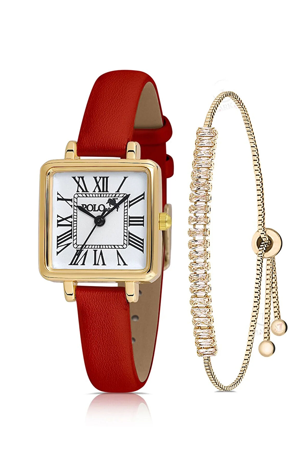 Kare Kasa Deri Kordon Kadın Kol Saati Zirkon Taşlı Baget Bileklik Kırmızı-Gold PL-1484B9