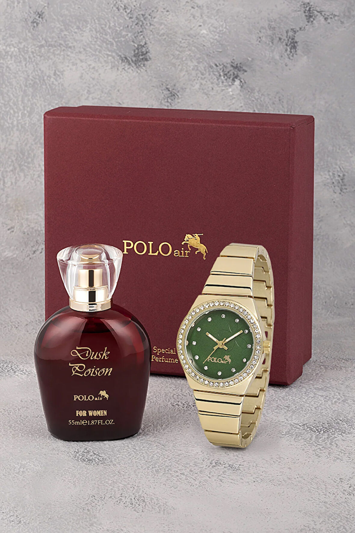Lüx Taşlı Kadın Kol Saati Ve Parfüm Seti Bordo Hediyelik Kutsunda Kombin Gold Yeşil Renk ST-2139S3
