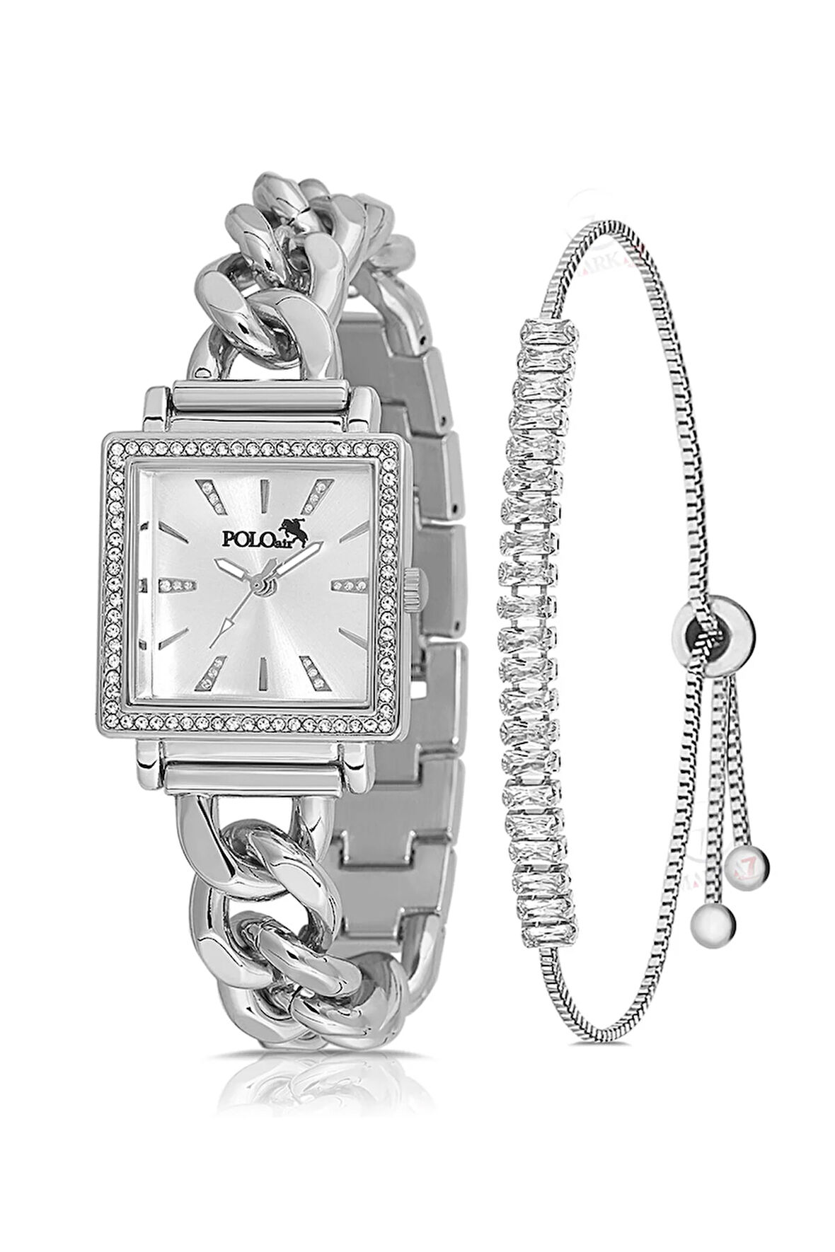 Zincir Kordon Lüx Taşlı Kare Kadın Kol Saati Zirkon Taşlı Baget Bileklik Gümüş PL-1485B52