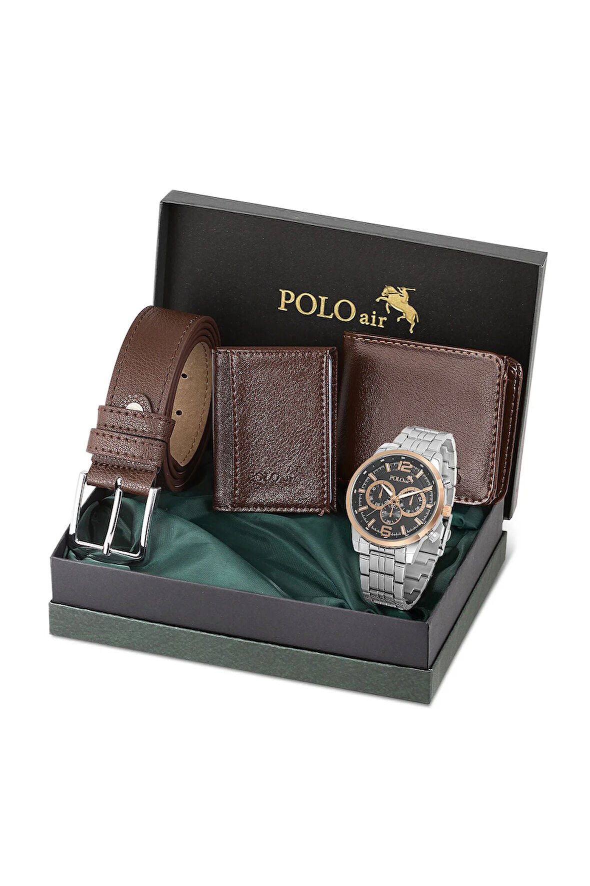 Erkek Kol Saati Cüzdan Kemer Kartlık Klasik Kombin Kahverengi Set PL-0851E3