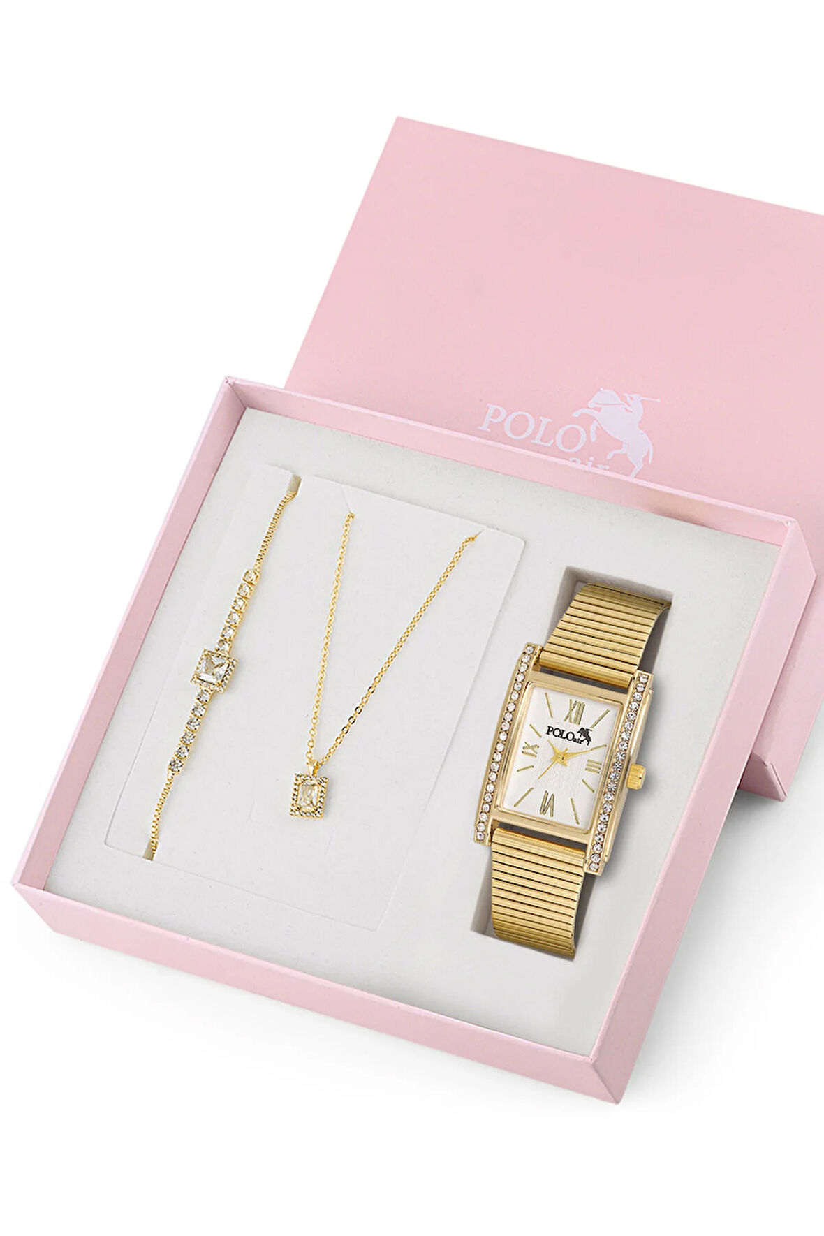 Lüx Taşlı Kadın Kol Saati Zirkon Taşlı Kolye Bileklik Özel Kombin Set Gold Renk ST-2153S1