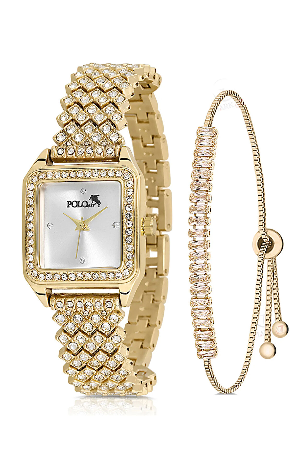 Lüx Taşlı Kadın Kol Saati Zirkon Taşlı Baget Bileklik Gold PL-1487B1