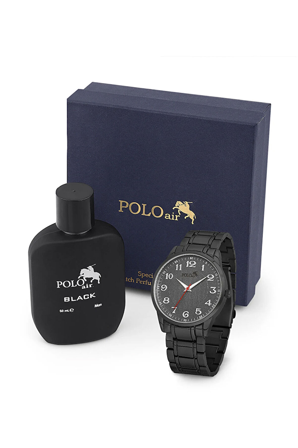 Klasik Rakamlı Metal Kordon Erkek Kol Saati Ve Parfüm Seti Hediyelik Kutusunda Siyah PL-0940E1