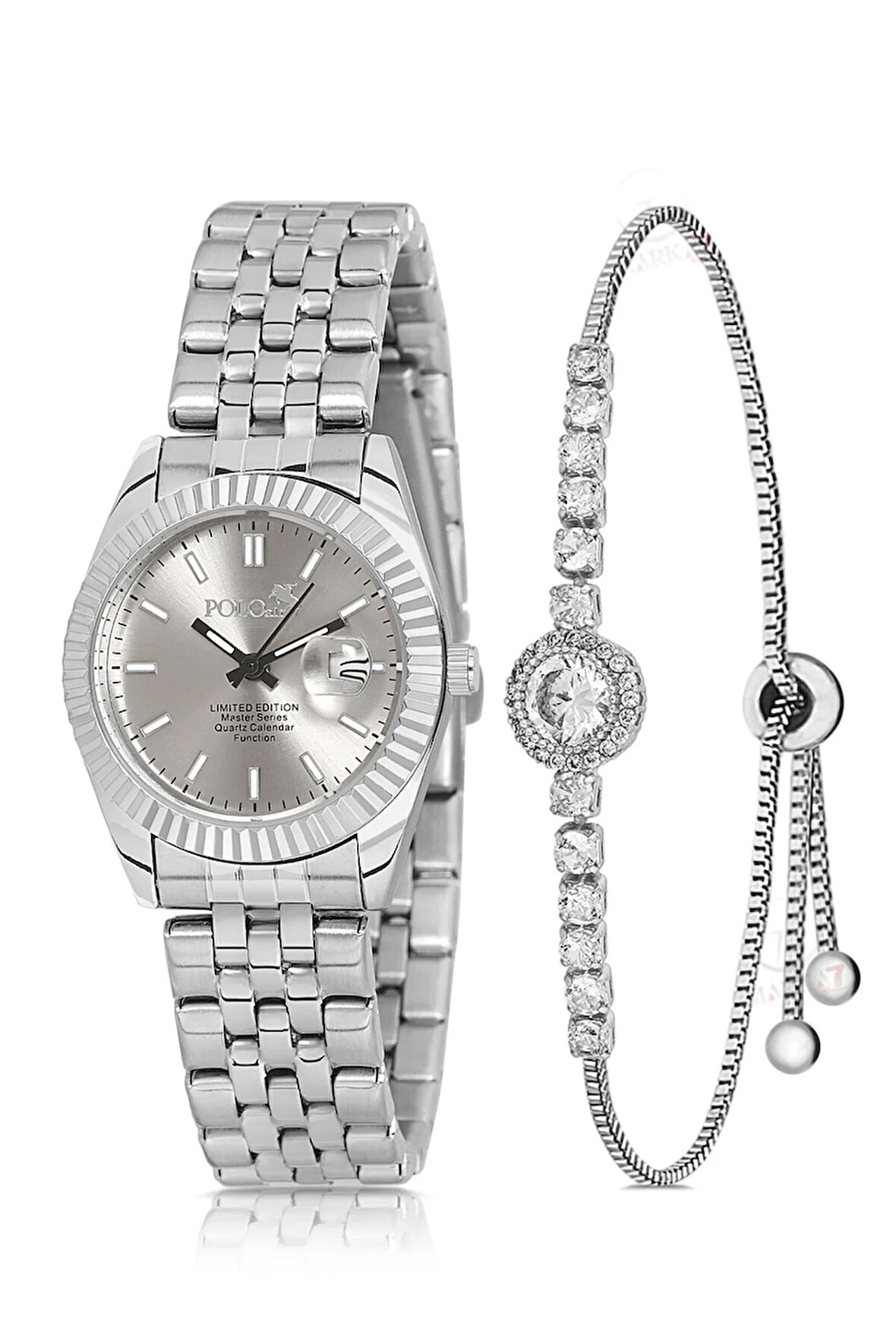 Mercan Takvimli Kadın Kol Saati Zirkon Taşlı Yuvarlak Bileklik Kombin Gümüş Gri Renk PL-1519B8