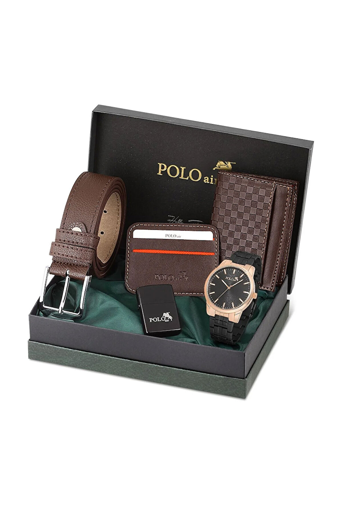 Erkek Kol Saati Dama Desenli Cüzdan Kemer Kartlık Çakmak Kombin Set Siyah Bakır Renk PL-0919E4