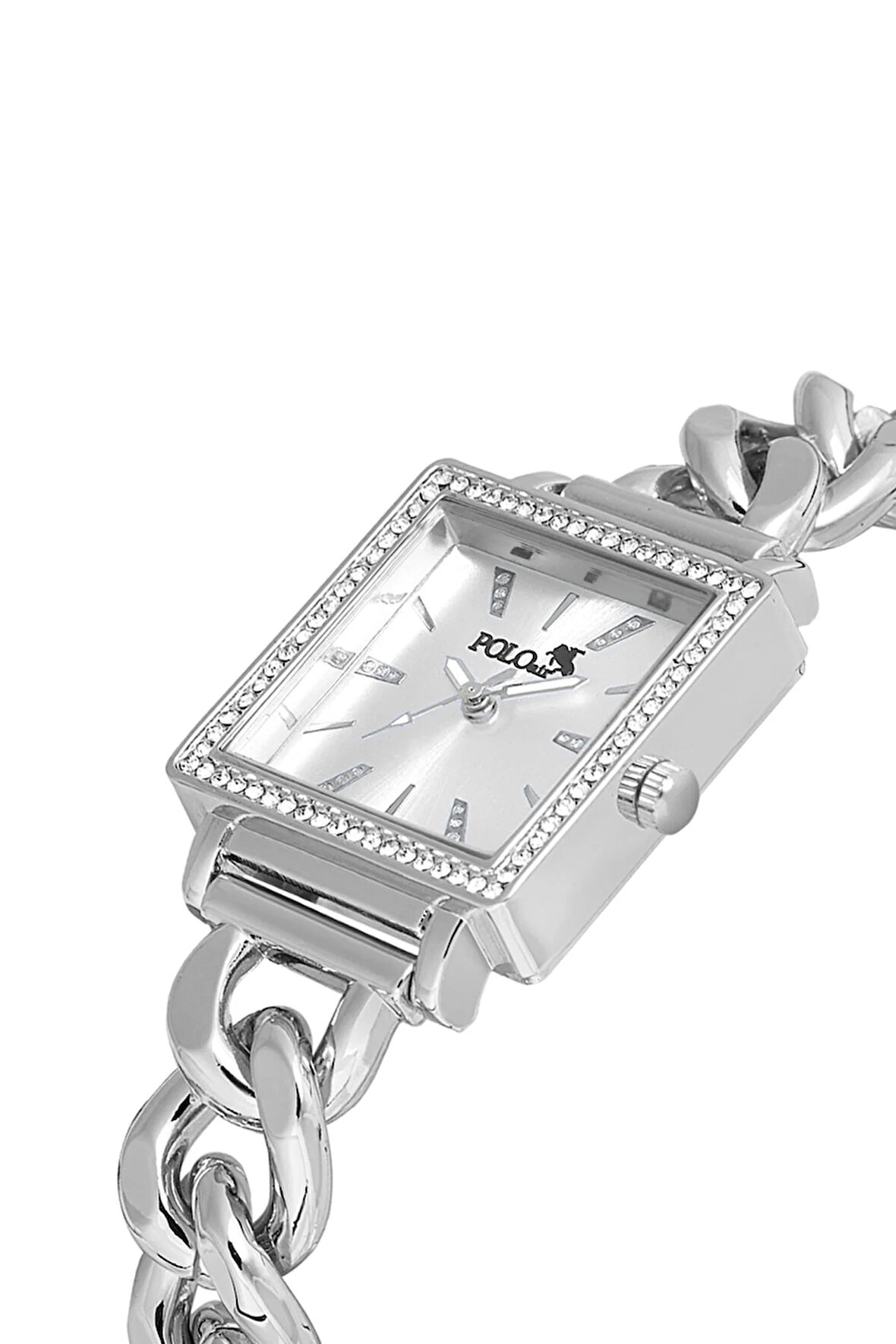 Zincir Kordon Lüx Taşlı Kare Kadın Kol Saati Gümüş PL-1485B2x