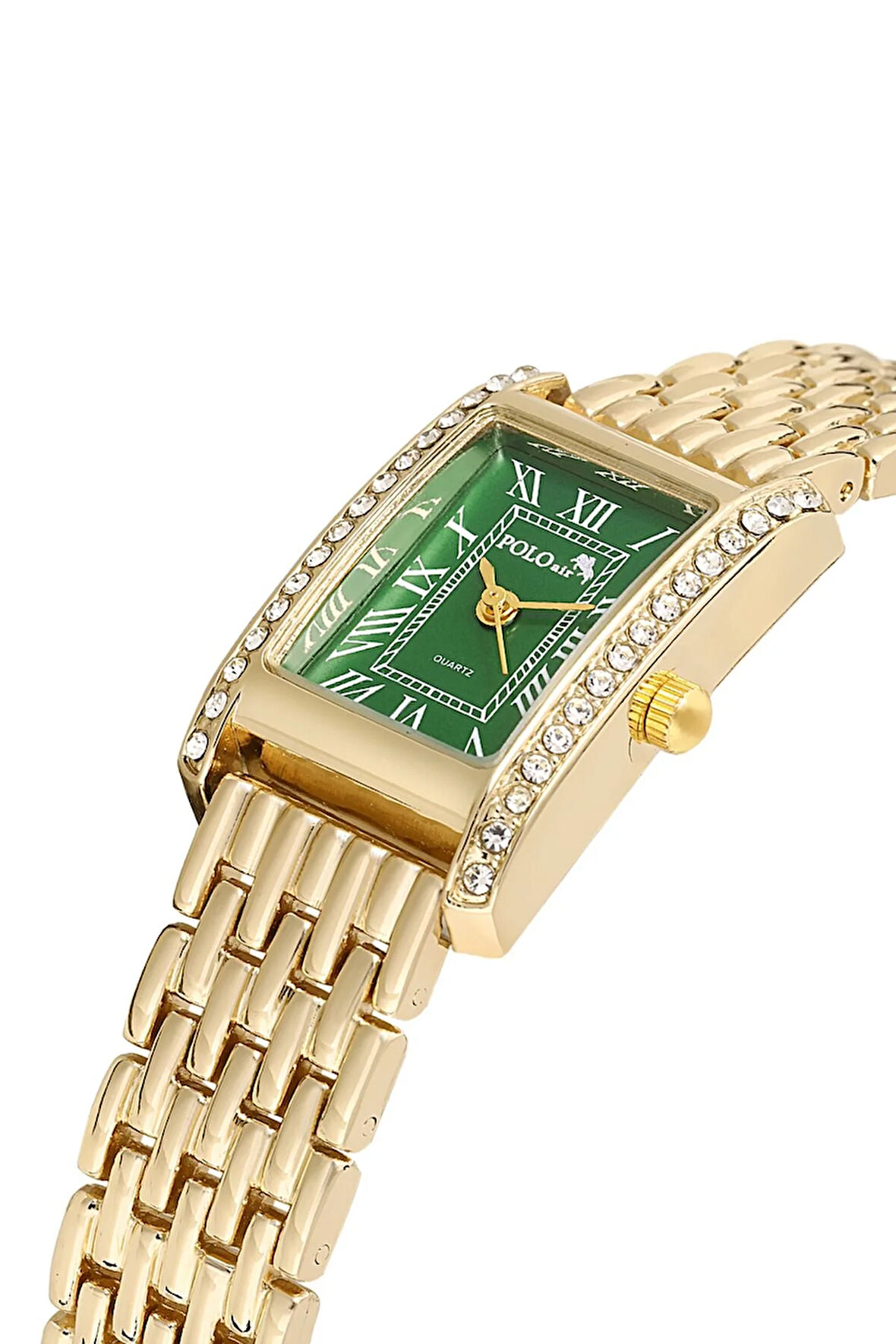 Romen Rakamlı Lüx Taşlı Vintage Kadın Kol Saati Gold Yeşil PL-1501B3x
