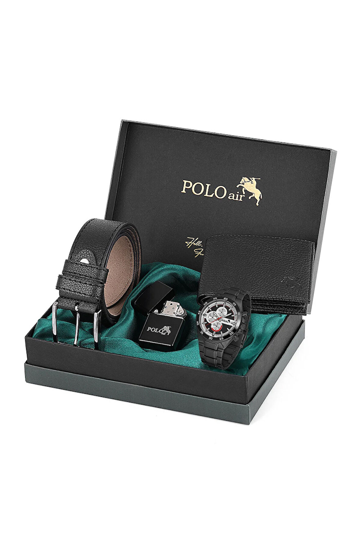 Logolu Klasik Erkek Cüzdan Kemer Kol Saati Çakmak Seti Siyah Kombin PL-0878E1