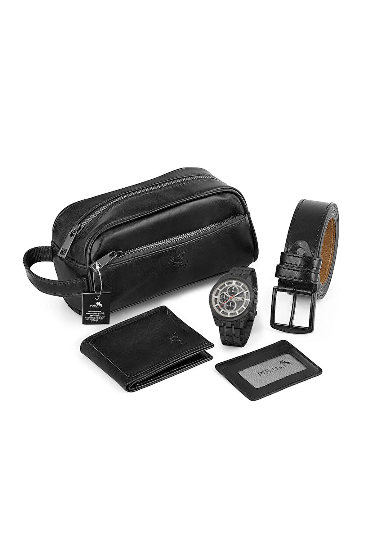 Erkek Kol Saati El Çantası Cüzdan Kemer Kartlık Set Siyah Kombin PL-0868E1