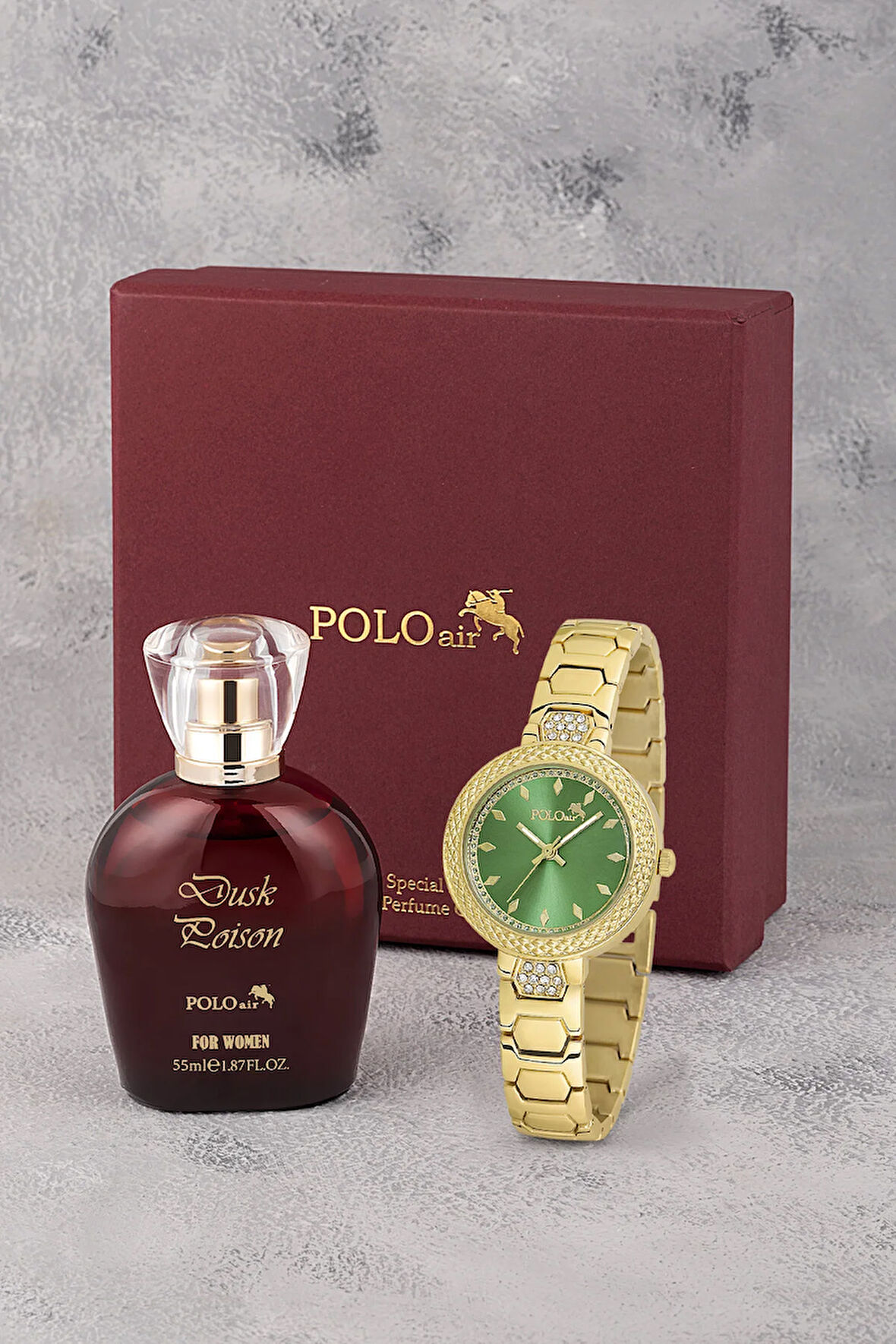 Kadın Kol Saati Ve 55 ml Parfüm Seti Bordo Hediyelik Kutsunda Kombin Gold Yeşil Renk ST-2138S3