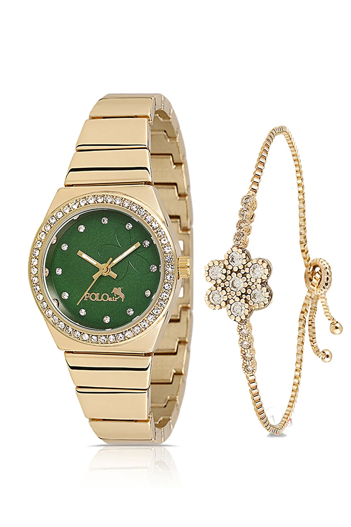 Tek Sıra Lüx Taşlı Kadın Kol Saati Zirkon Taşlı Çiçek Bileklik Gold-Yeşil PL-1490B3