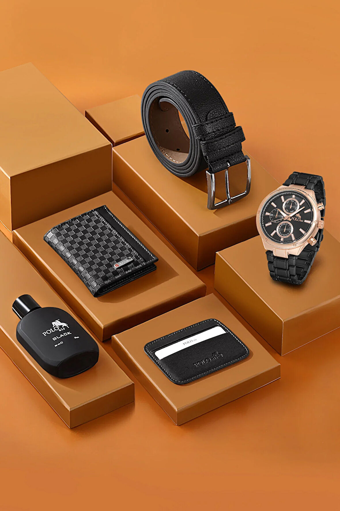 Erkek Kol Saati Dama Desen Cüzdan Kemer Kartlık Parfüm Kombin Siyah Set PL-0843E3